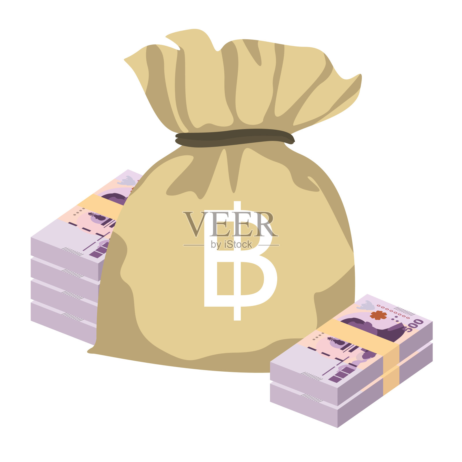 泰铢矢量插图。泰国、柬埔寨、老挝货币集捆钞。钱袋500泰铢。平的风格。孤立在白色背景上。简单的最小设计。插画图片素材