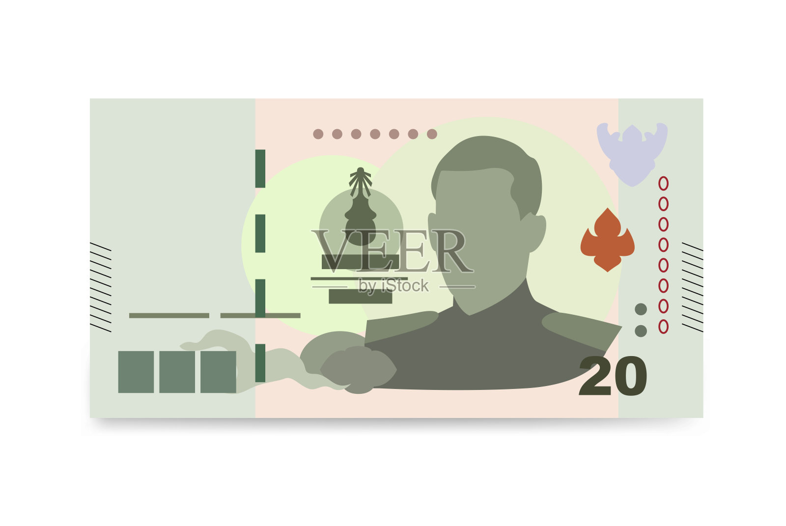 泰铢矢量插图。泰国、柬埔寨、老挝、缅甸、越南货币集捆绑钞票。纸币20泰铢。平的风格。孤立在白色背景上。插画图片素材