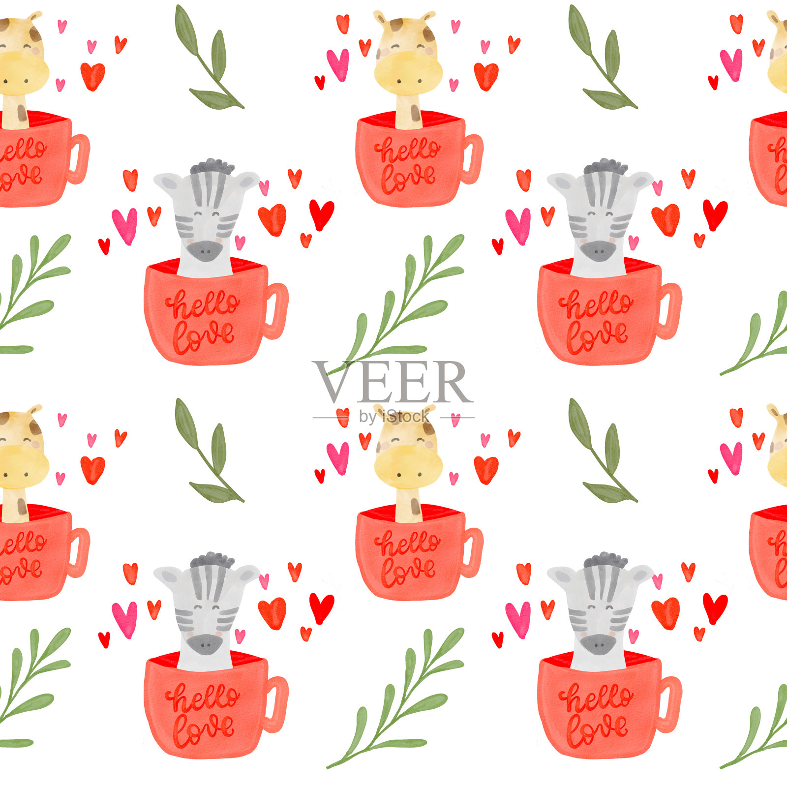 非洲动物的脸在红杯子与心脏。浪漫的情人节水彩狩猎动物背景。情人节水彩无缝图案。插画图片素材