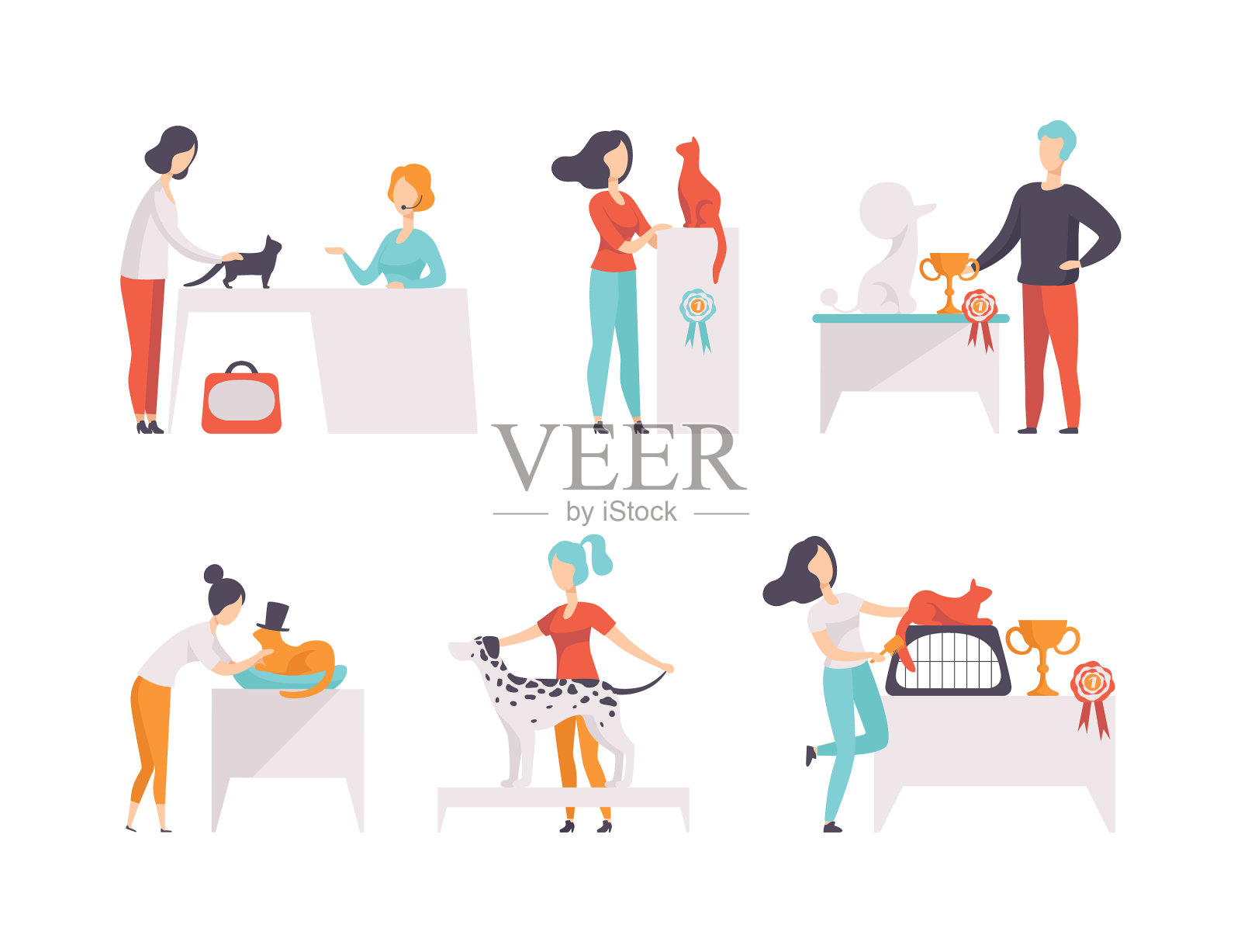 人们宠物主人展示他们的纯种猫插画图片素材