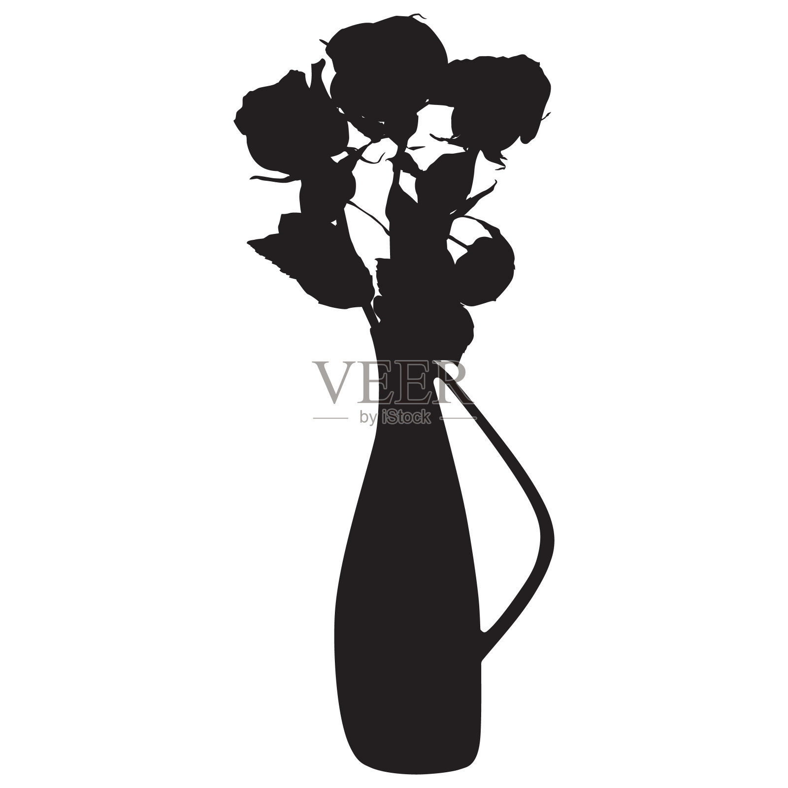 玫瑰花束在花瓶黑色剪影，矢量插图插画图片素材