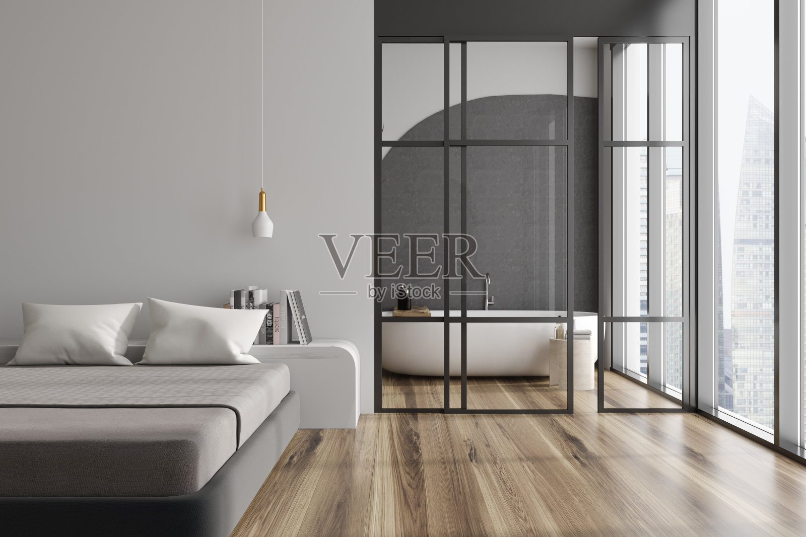 时尚的酒店工作室内部，有床，浴缸和全景窗照片摄影图片