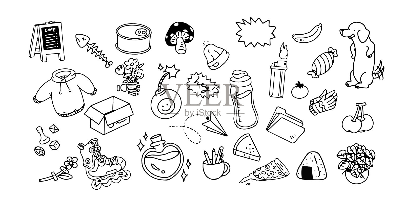 矢量插图的涂鸦可爱的孩子，手绘集装饰在白色背景，有趣的涂鸦手绘，页面着色。插画图片素材