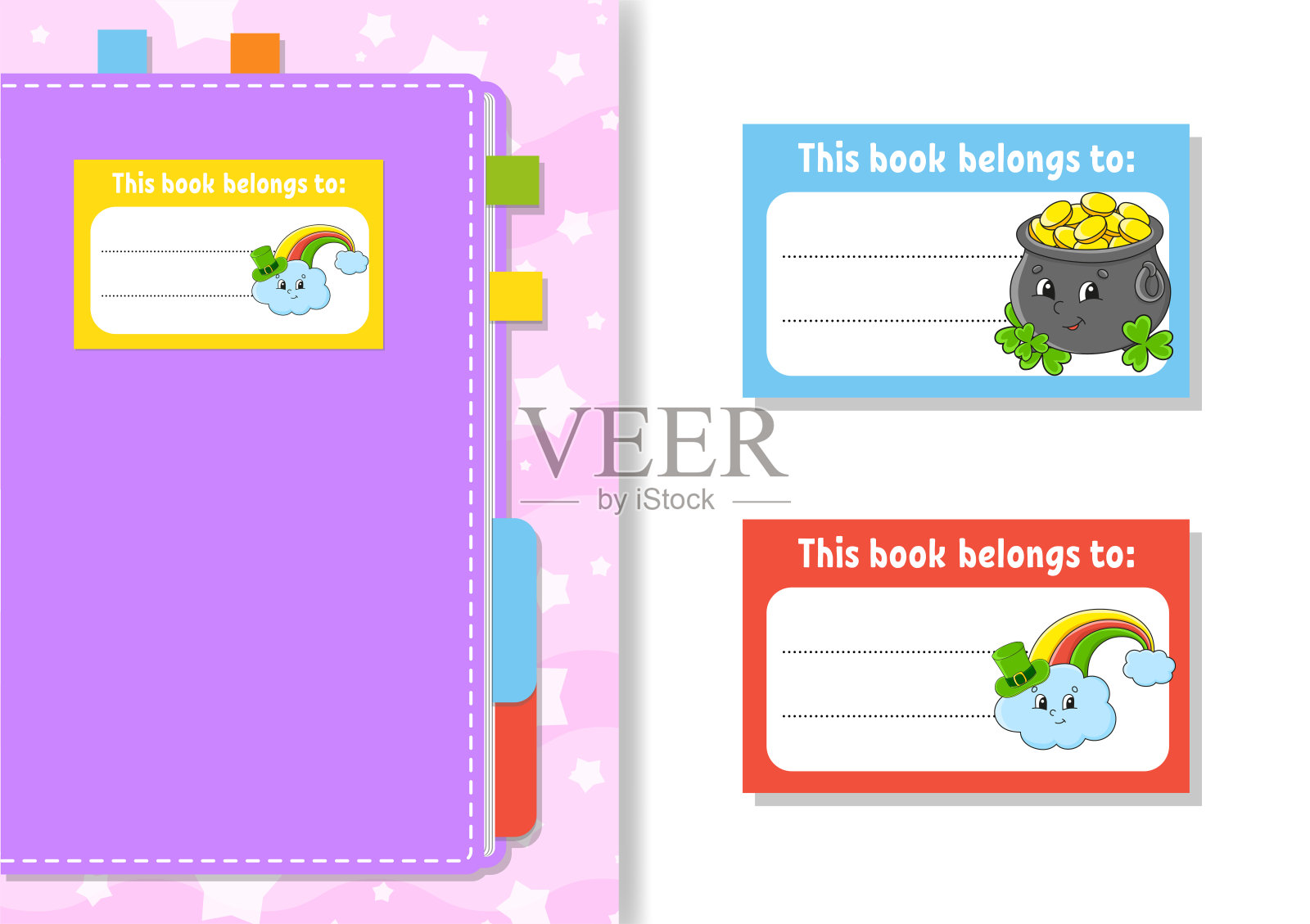 儿童书籍标签贴纸。矩形形状。卡通人物。用于日记本、笔记本、本子。孤立在白色背景上。矢量插图。插画图片素材