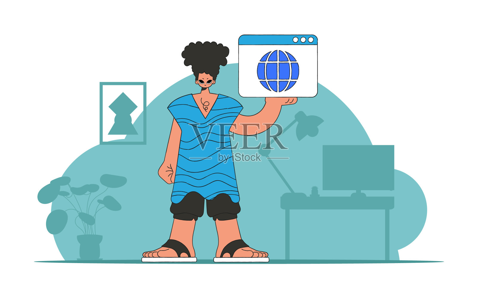 一幅明亮而时尚的男子使用网络浏览器的插图。现代人物风格。完美地为您的项目添加现代和科技的触摸。插画图片素材