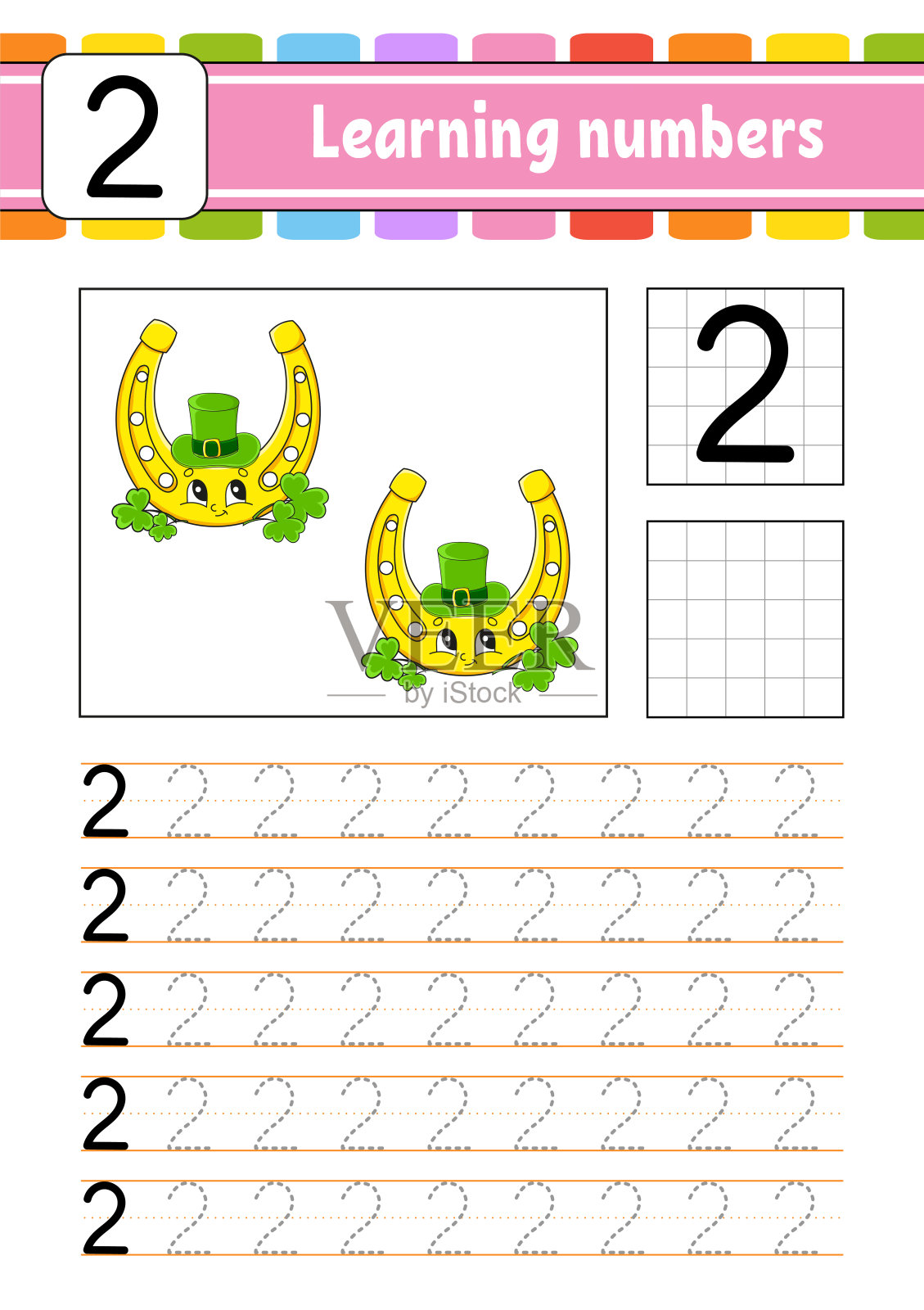 追踪并写下数字。书法练习。为孩子学习数字。教育发展工作表。活动页面。矢量插图。插画图片素材