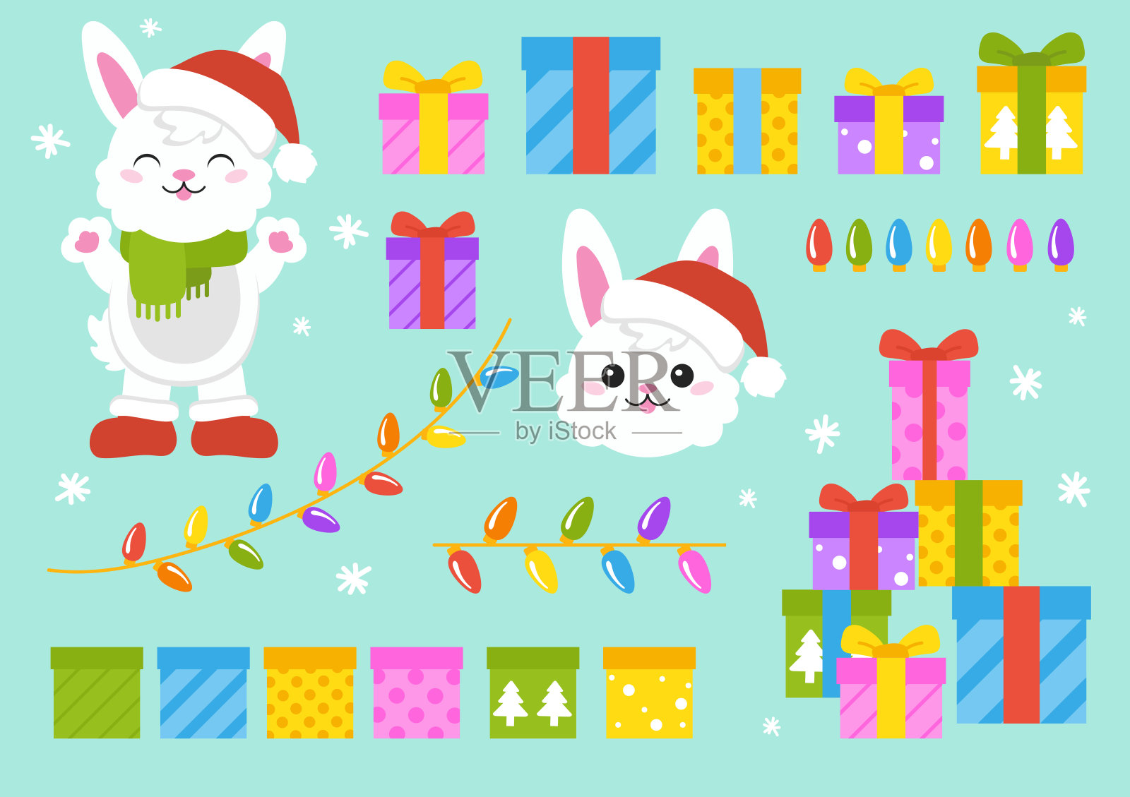 卡通人物圣诞兔子。彩色矢量插图。隔离在彩色背景上。设计元素。你的设计模板，书籍，贴纸，卡片。插画图片素材