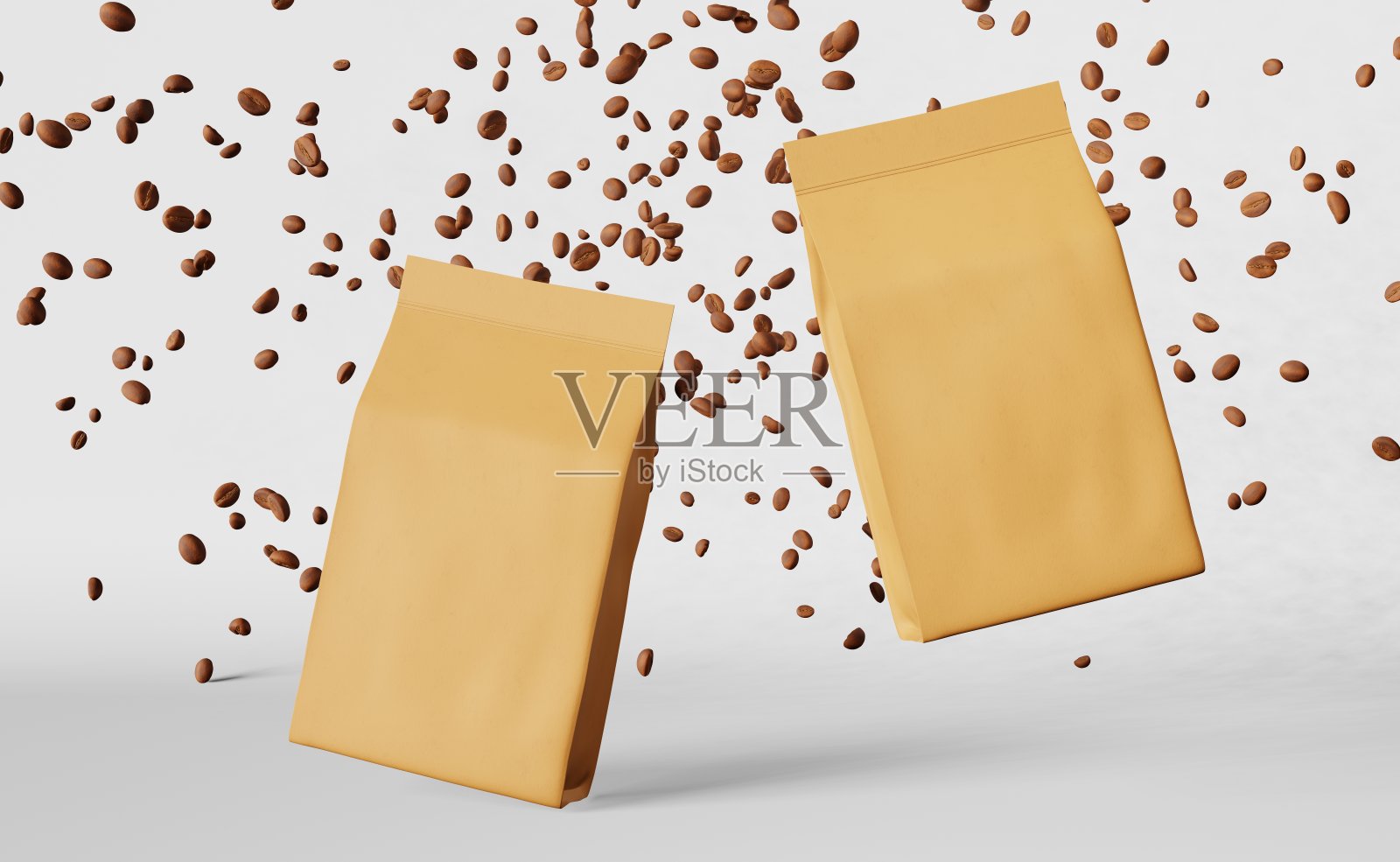 牛皮纸袋落咖啡豆讲台三维渲染。商品折扣包装店设计促销销售。照片摄影图片