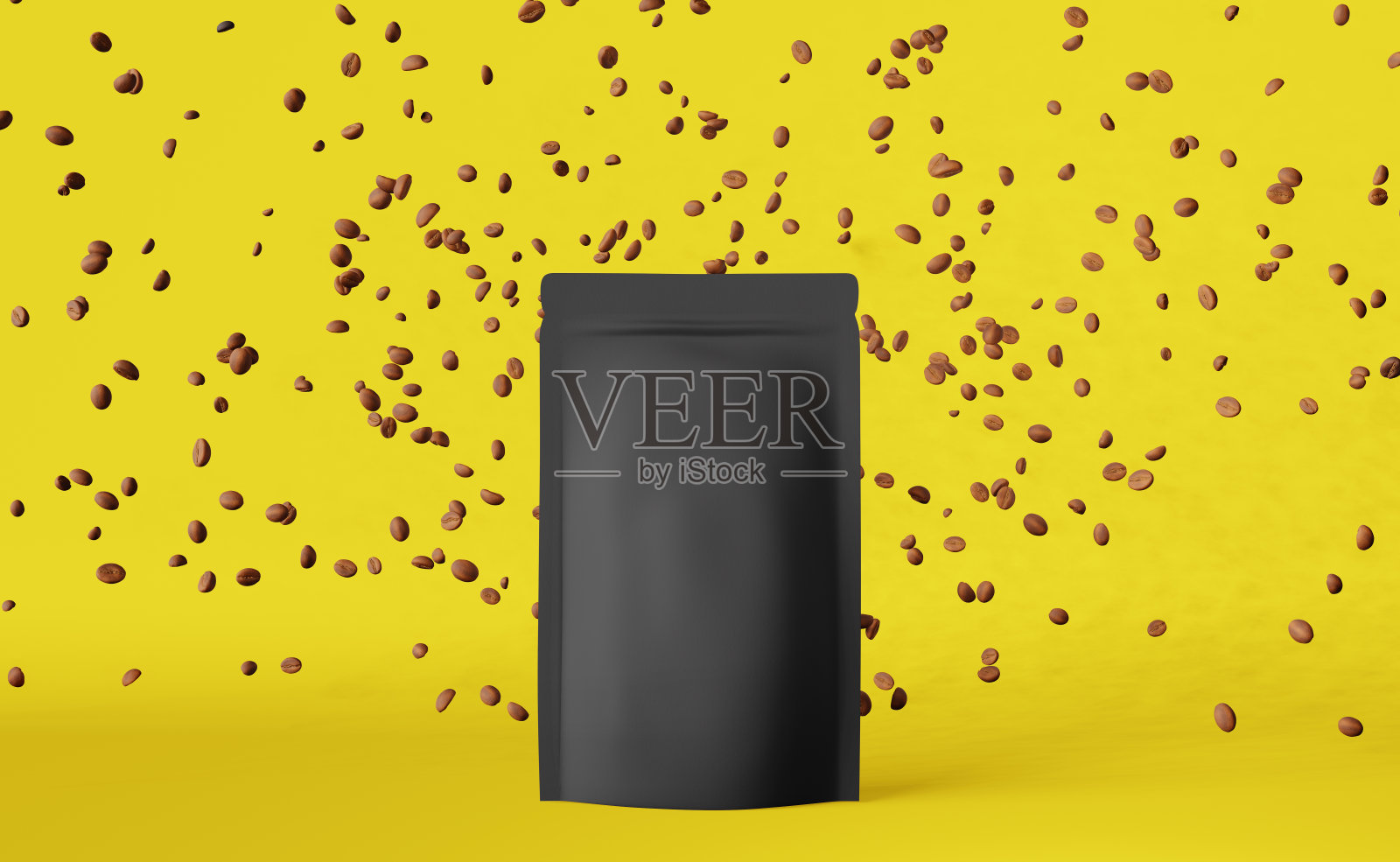 黑色哑光袋落咖啡豆黄色3D渲染。商品折扣包装店设计促销销售。照片摄影图片
