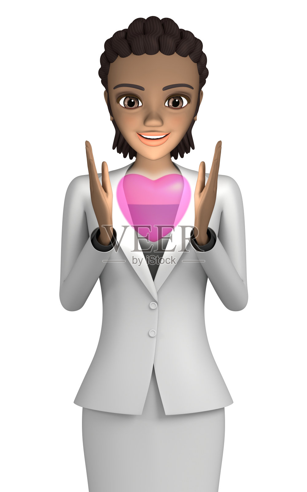 一名非裔美国妇女盯着一颗发光的心脏。照片摄影图片