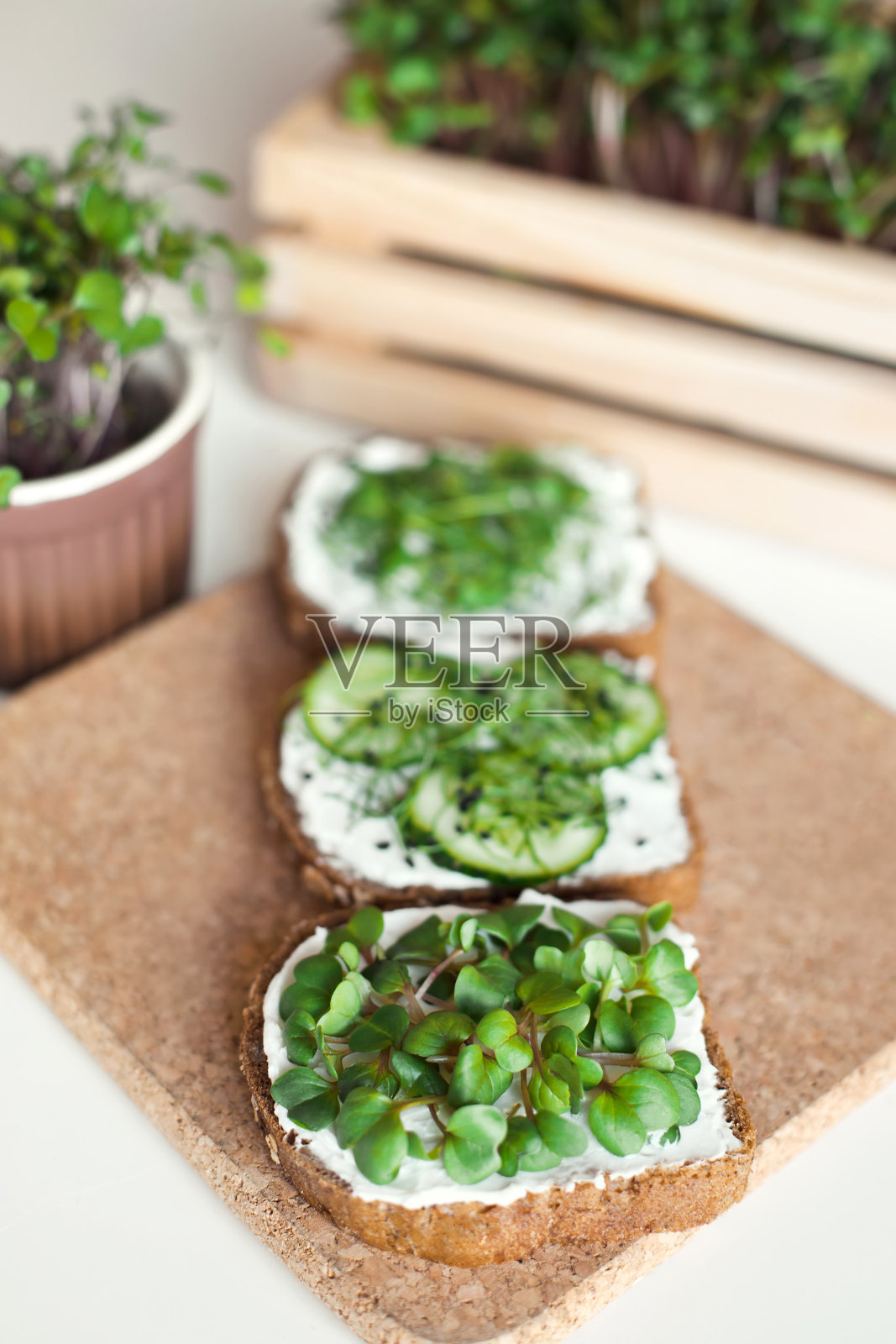 健身自制的烤面包和微蔬菜。健康食品概念照片摄影图片