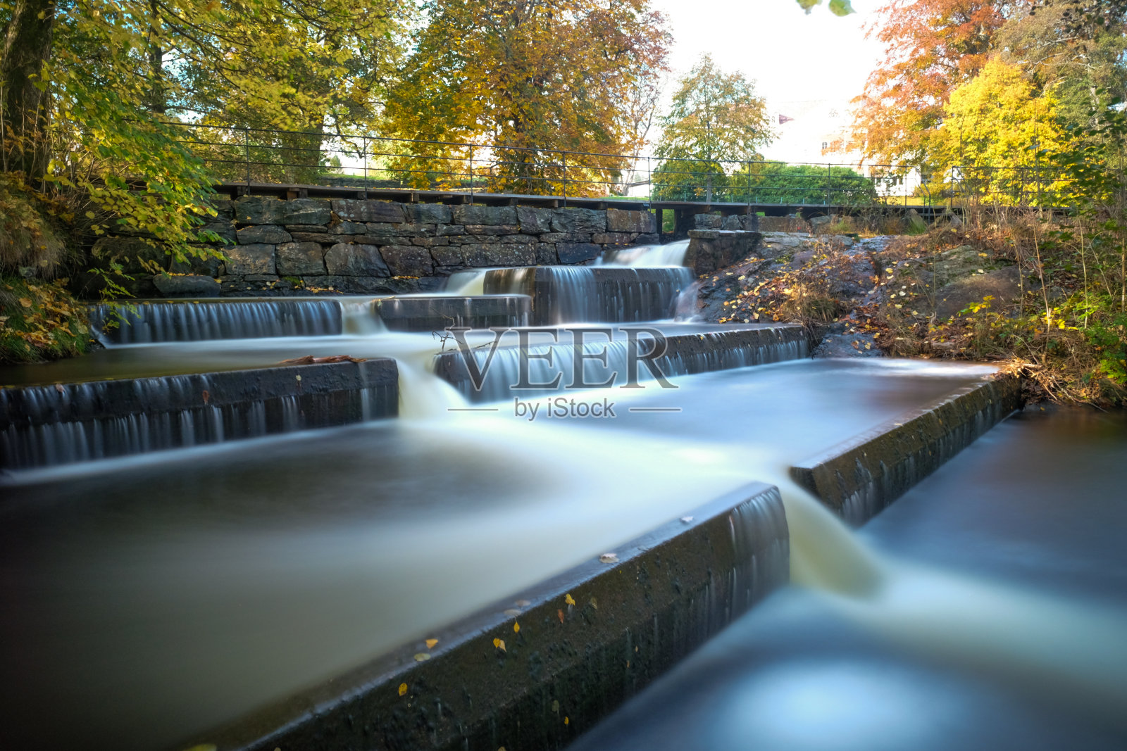 公园里瀑布的长曝光镜头照片摄影图片