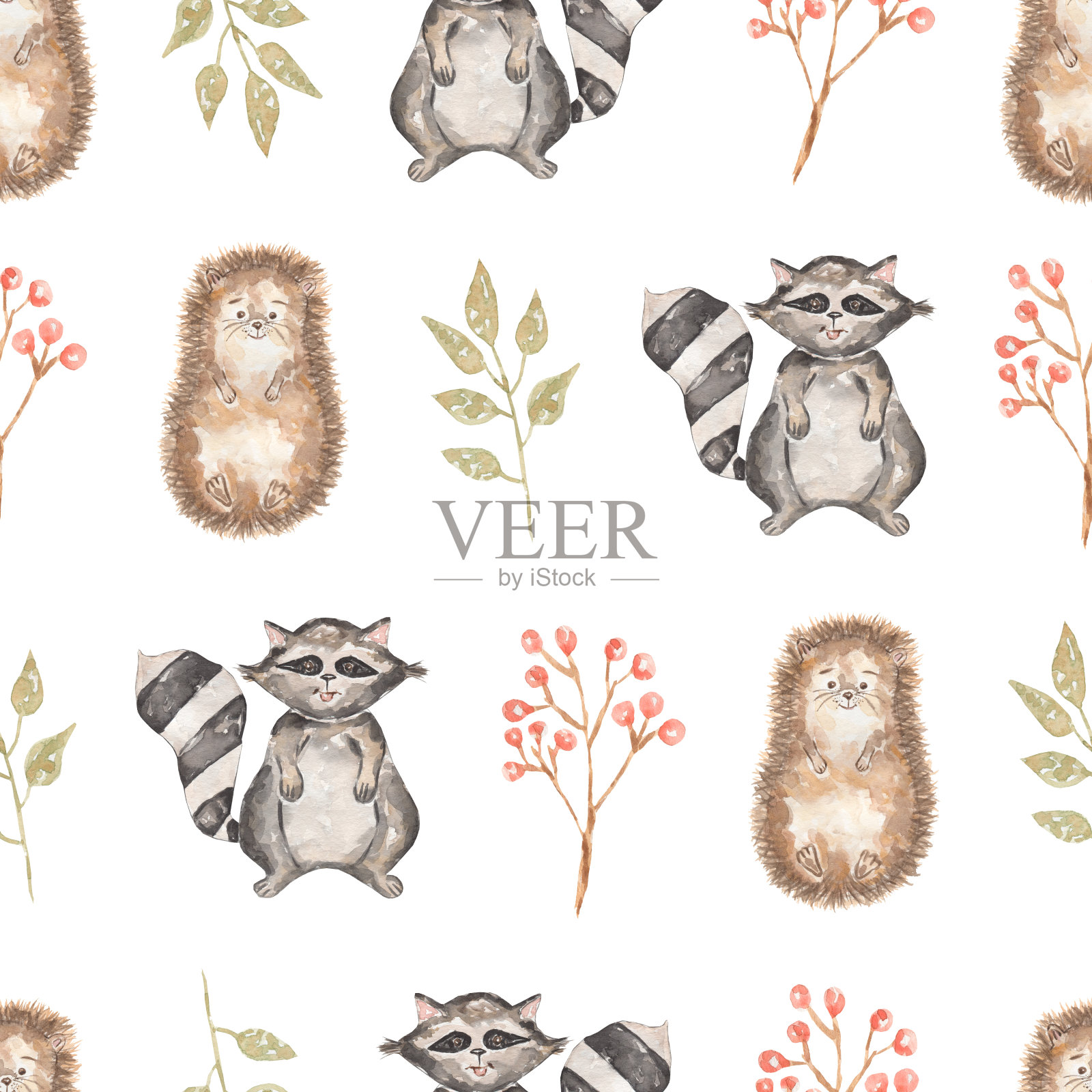 水彩无缝图案与浣熊和树叶，刺猬和浆果。手绘林地动物背景。秋天的模式。插画图片素材