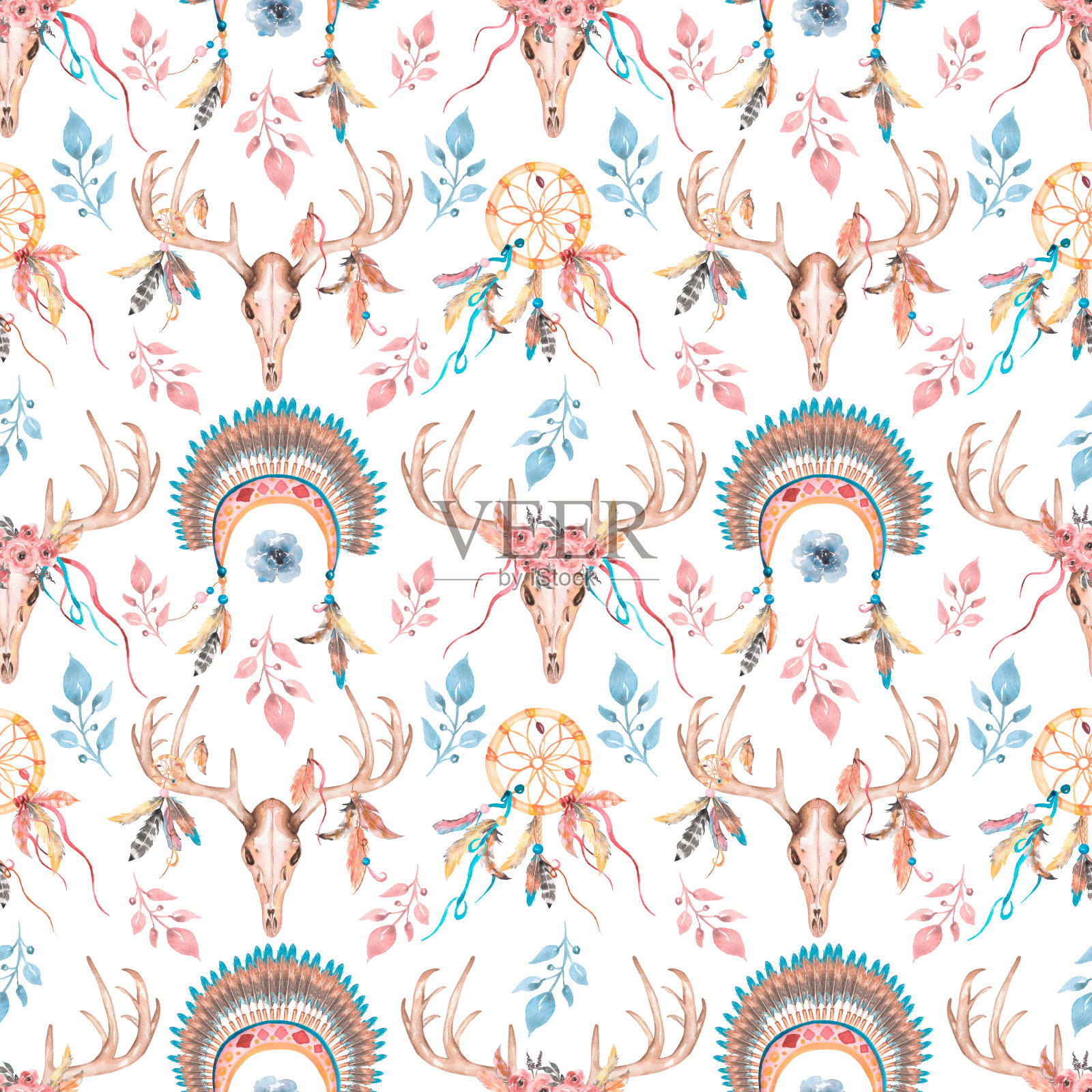 手绘水彩鹿角无缝模式。部落捕梦网数码纸，羽毛头饰重复图案。孩子的模式。抽象托儿所艺术印刷。插画图片素材