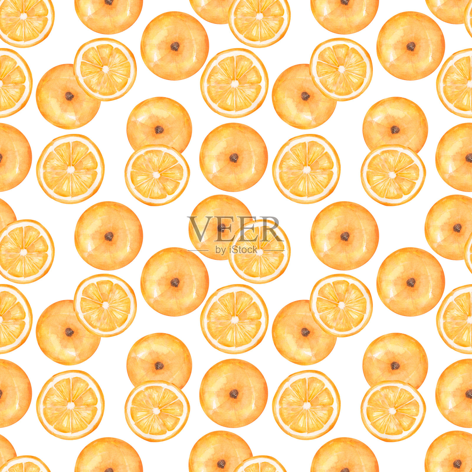 手绘水彩橙色无缝图案。陈皮重复纸。水果的模式。有机食品。设计元素图片
