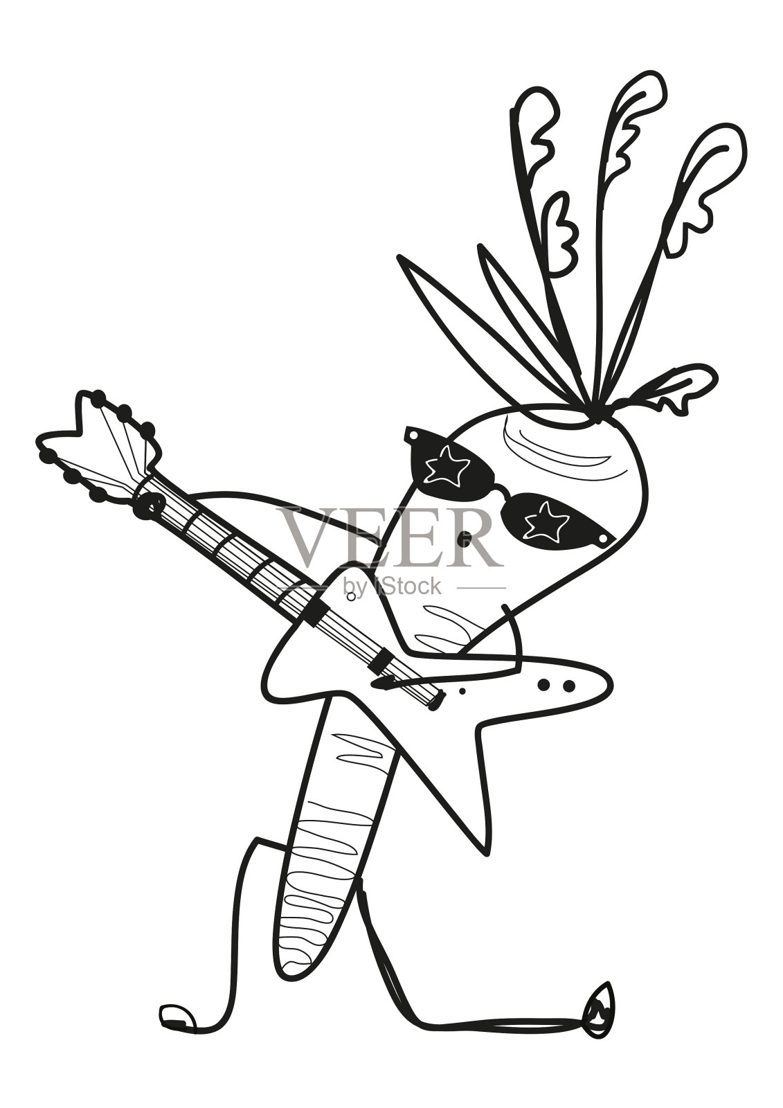 胡萝卜着色页吉他弹奏蔬菜主题。印刷，着色线艺术插图插画图片素材