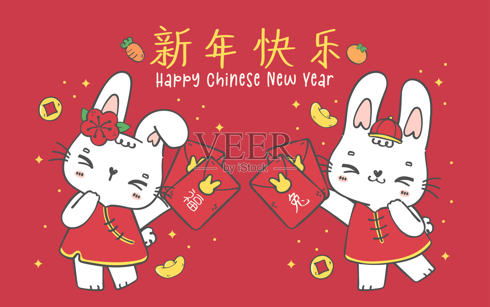 可爱快乐的两只春节小兔兔男孩和女孩带着红色的口袋，涂鸦手绘插图矢量插画图片素材
