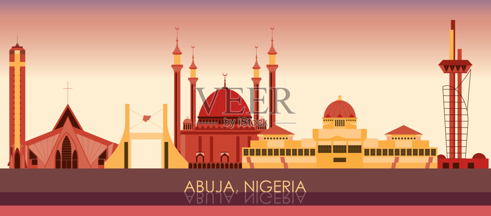 尼日利亚阿布贾市的日落天际线全景插画图片素材