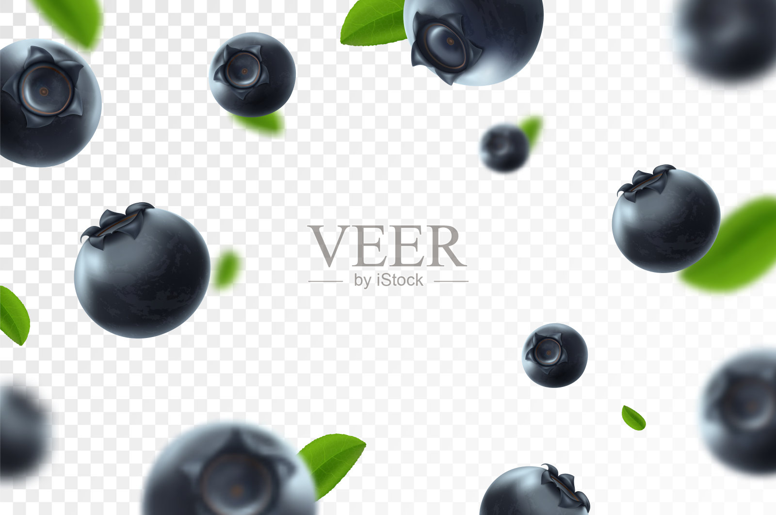 蓝莓的背景。新鲜浆果与绿色叶子透明背景。飞行集中和模糊的浆果。3D逼真的水果。蓝莓下降。自然的产品。矢量插图。插画图片素材
