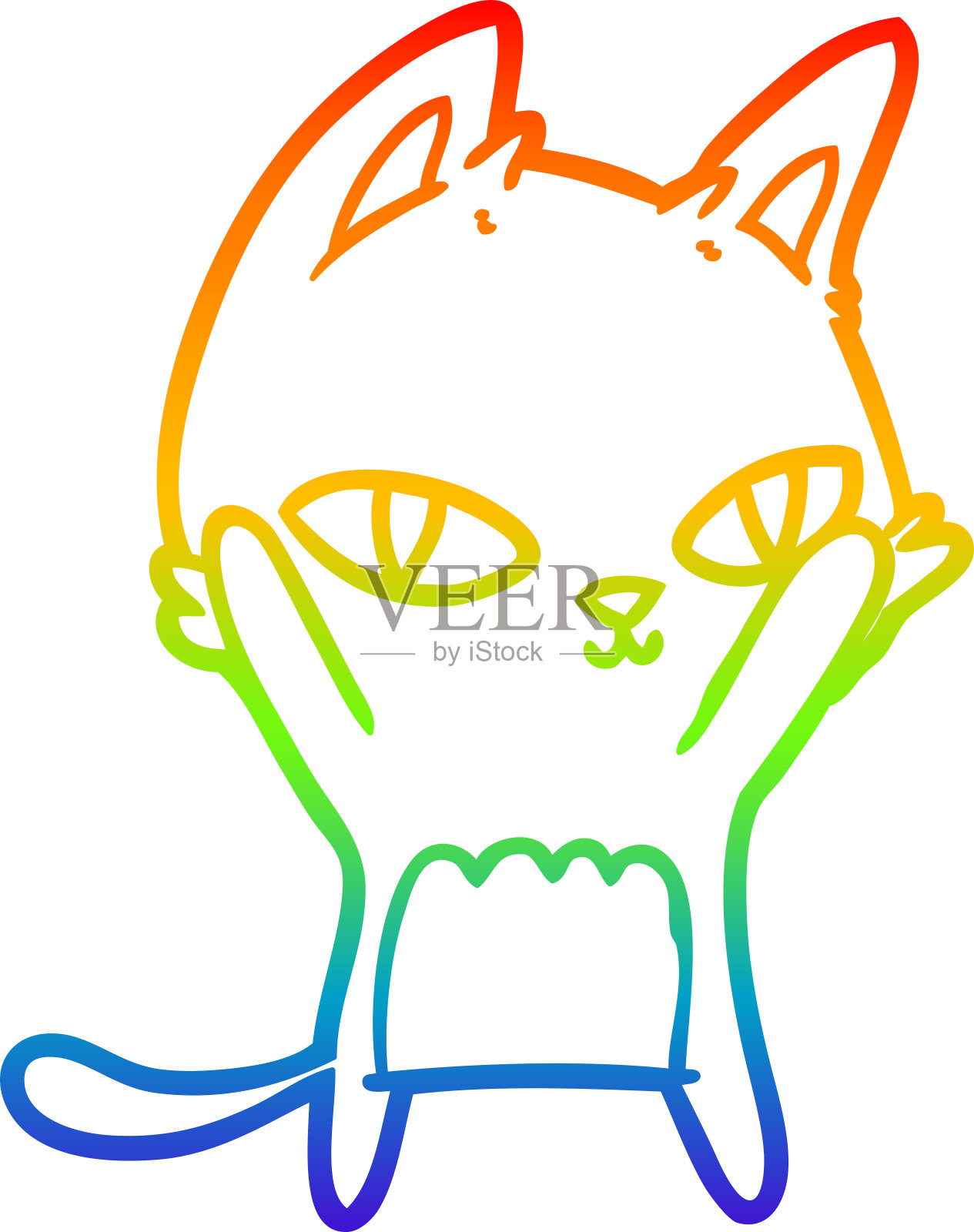 彩虹渐变线画的卡通猫凝视插画图片素材