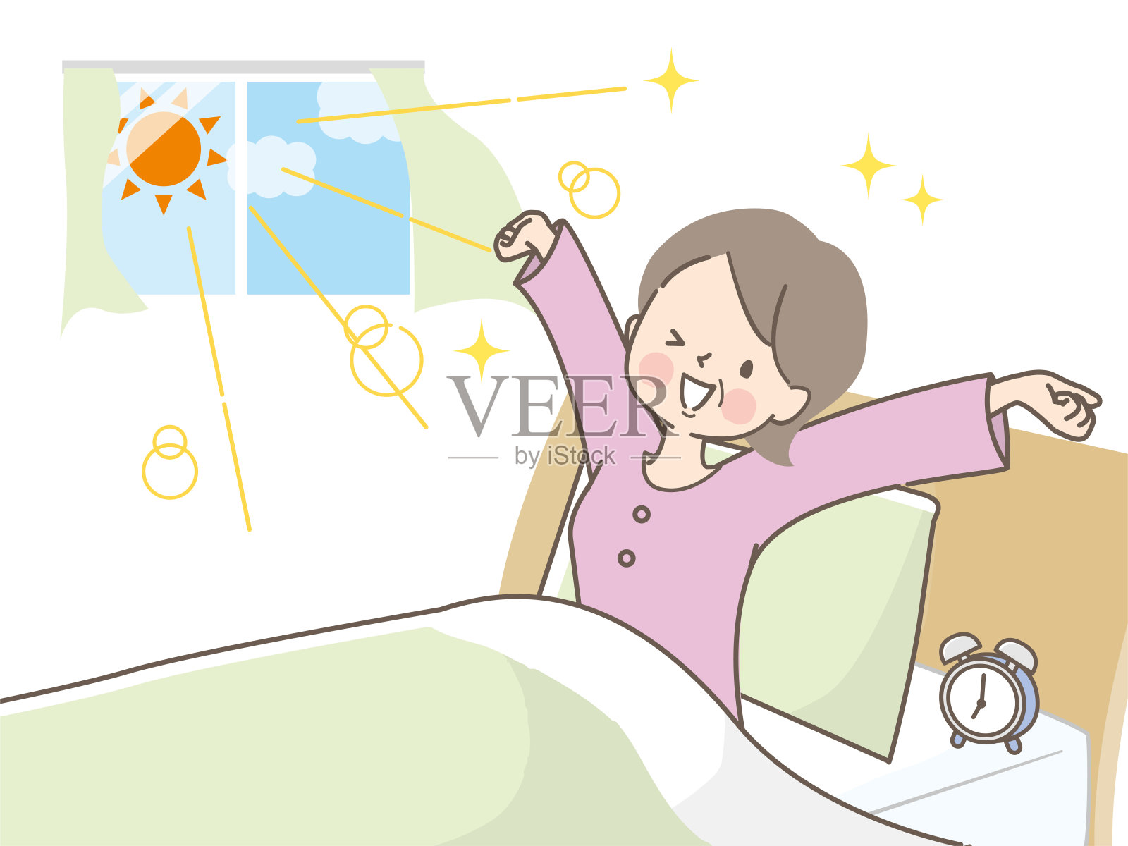 中间的女人早上醒来精神焕发，做了些伸展运动插画图片素材