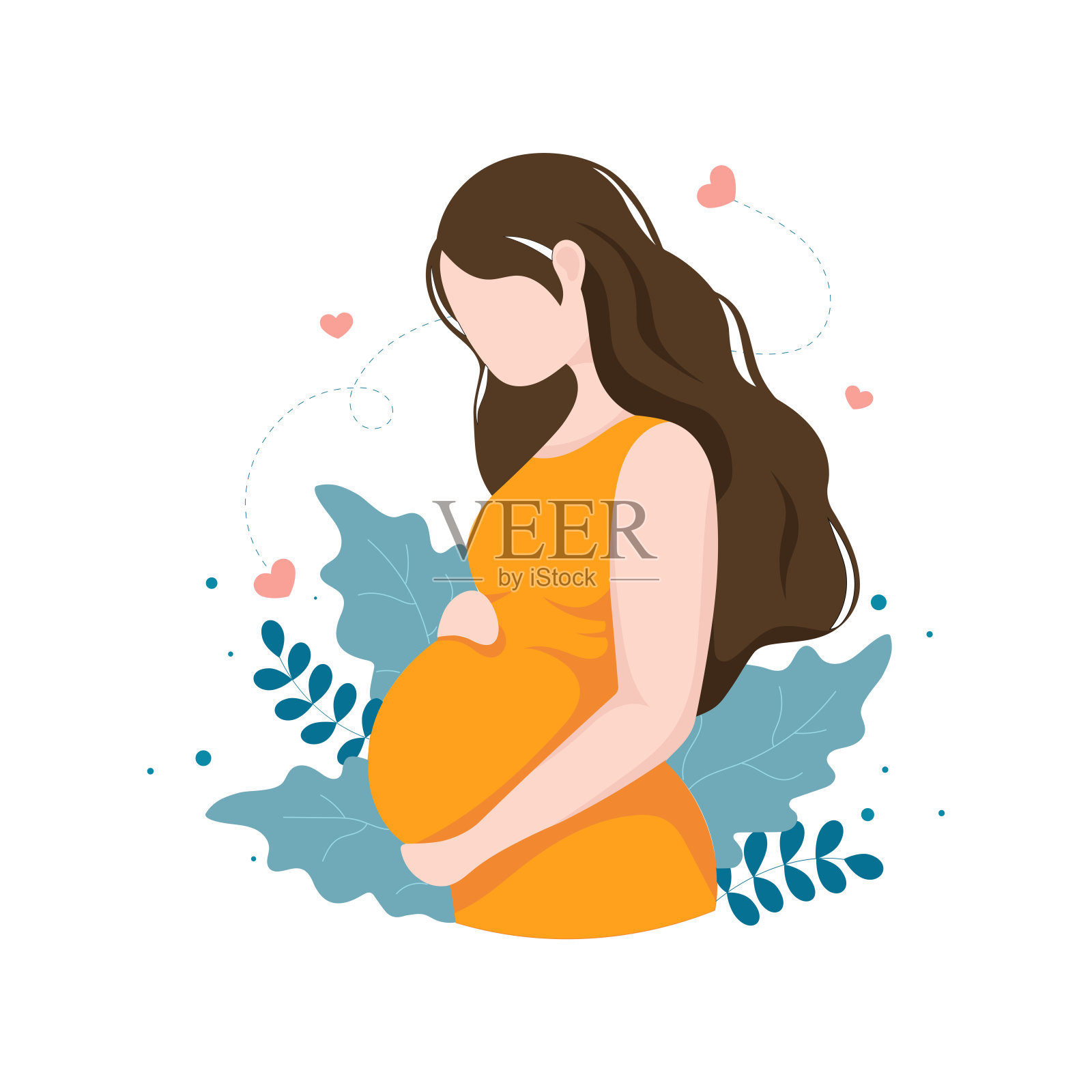 幸福的孕妇，橙黄色连衣裙，白色背景绿色树叶矢量插画插画图片素材