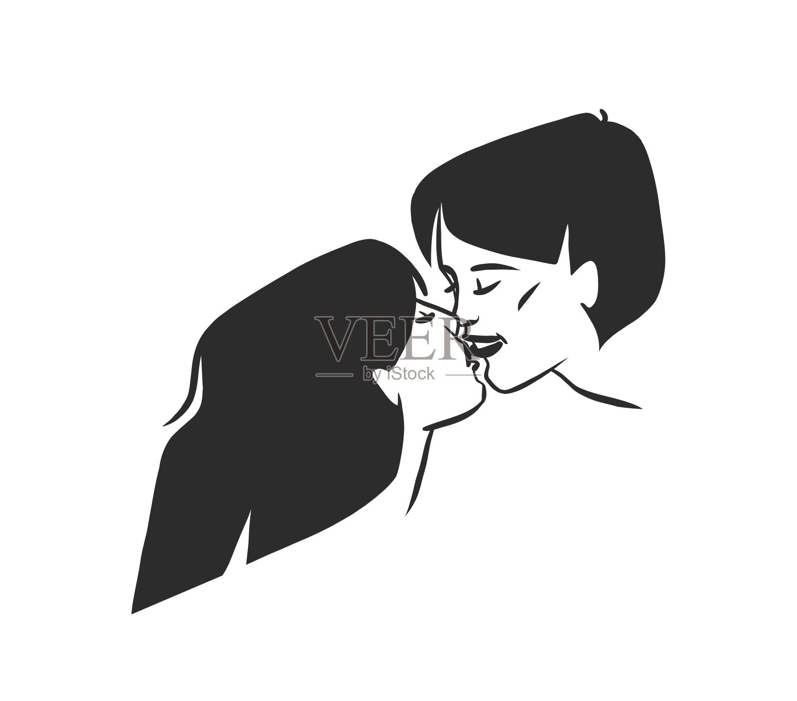 手绘矢量抽象图形插图情人节卡片模板，画亲吻情侣肖像集在心脏剪影。相爱的情侣在一起接吻。情人节精美的设计理念。插画图片素材