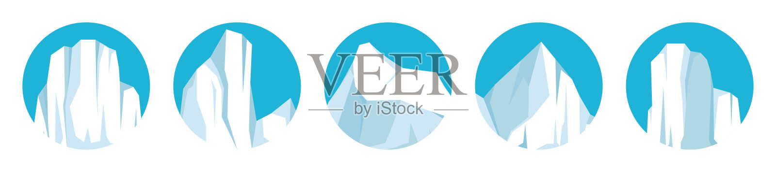 漂浮冰山收藏。漂移的北极冰川，冻结的海水块。冰雪覆盖的高山。融化的冰峰。南极雪景。南极和北极。矢量插图。插画图片素材