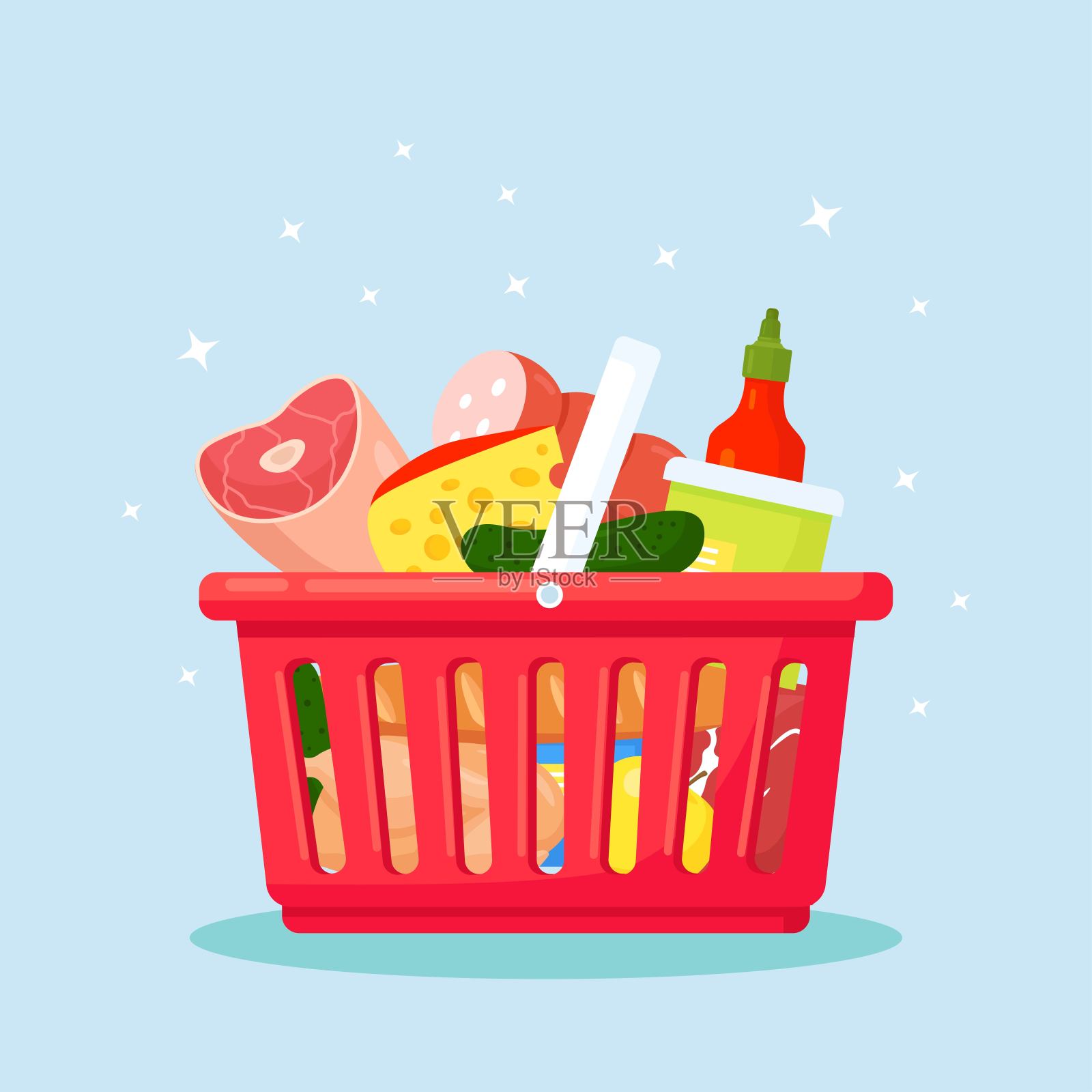 超市用塑料购物篮。购物篮里装满了食品杂货，新鲜健康的食品，饮料插画图片素材