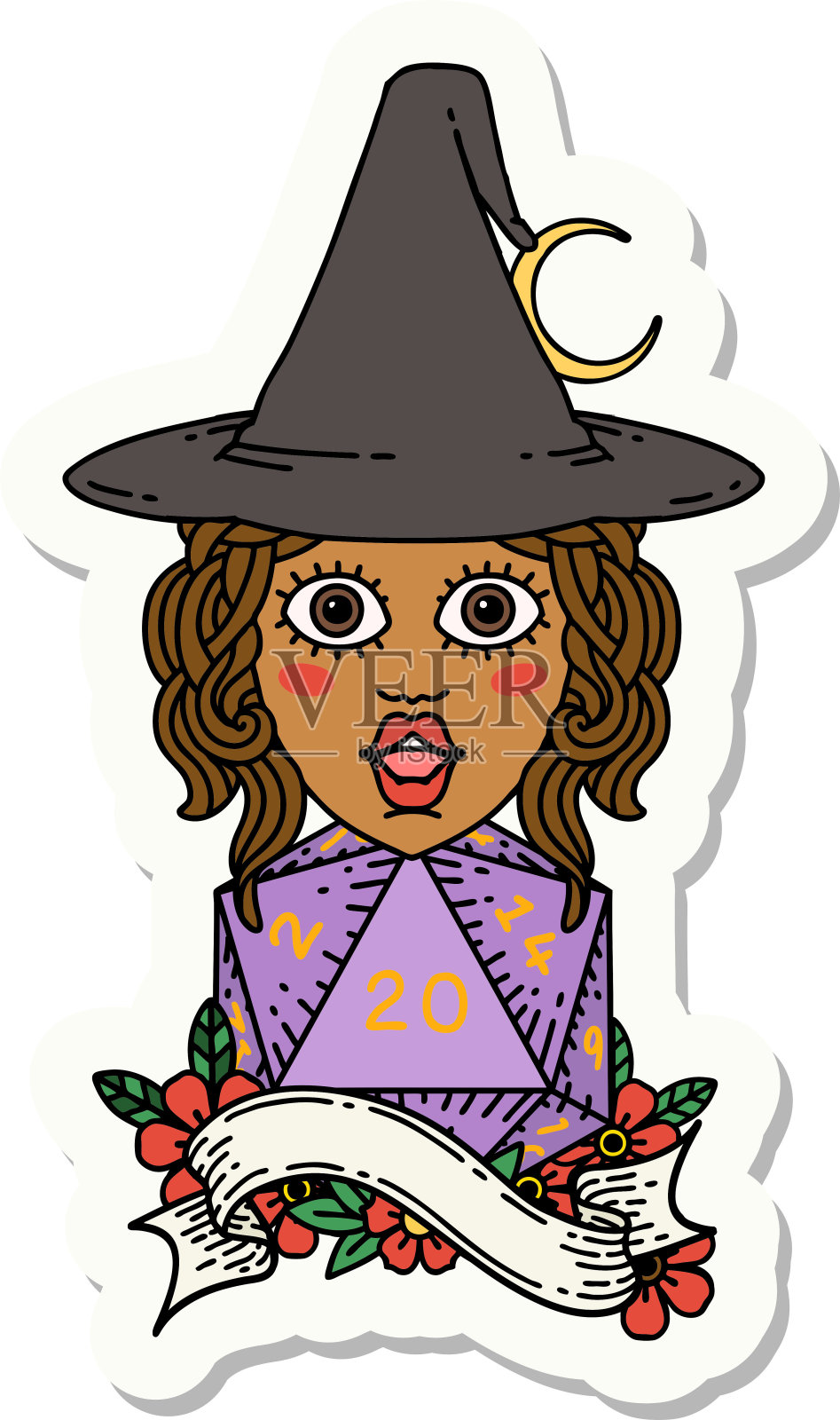 贴纸的人类法师与自然20 D20骰子滚动插画图片素材