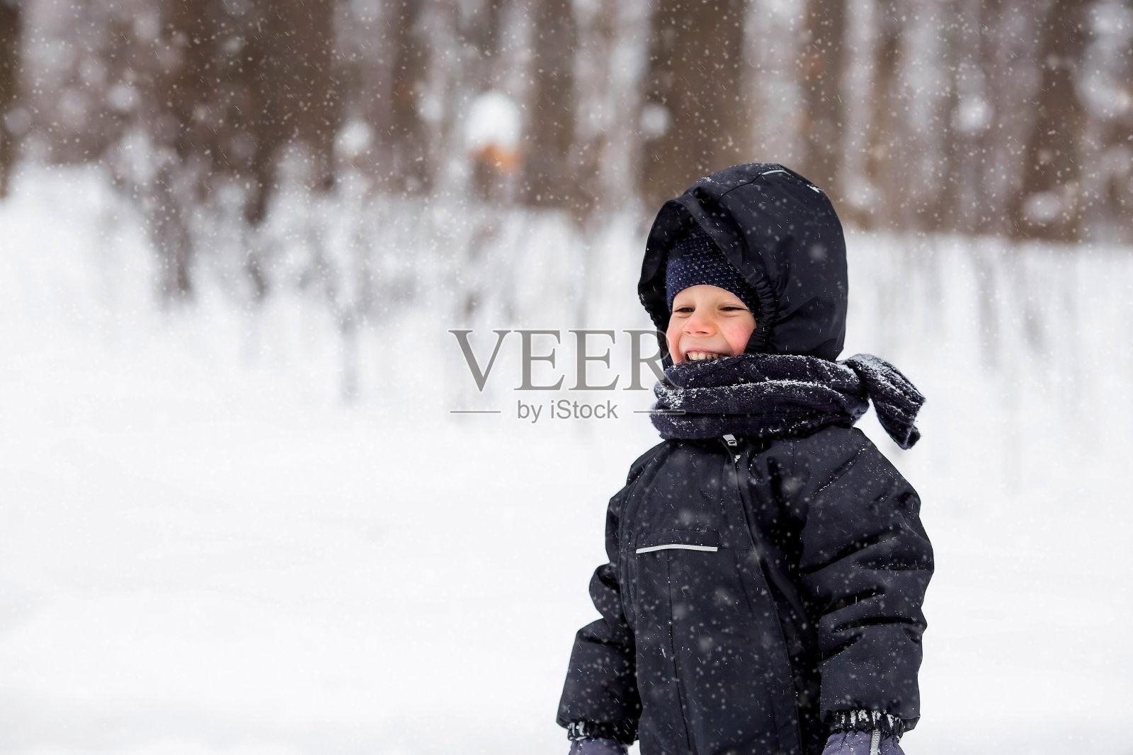 一个美丽的俄罗斯小男孩的肖像在冬天在公园里。下雪了。冷。红的脸颊。快乐童年的概念和治疗皮肤霜冻的方法。照片摄影图片