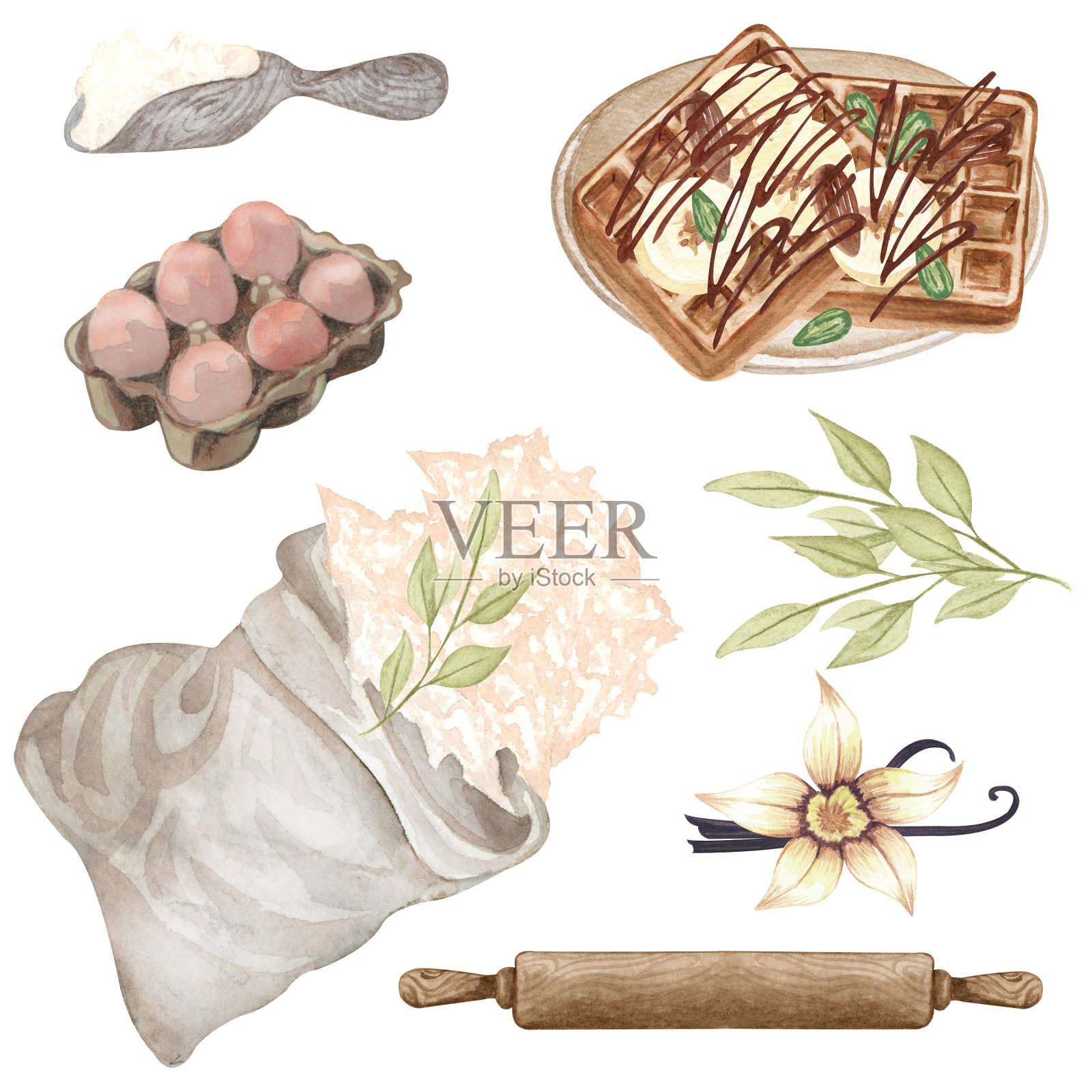 烘焙水彩画设置与厨房用具，搅拌机，巧克力，壶，勺子，粘土jag，搅拌器在白色背景。烹饪剪纸艺术。烘焙插图插画图片素材