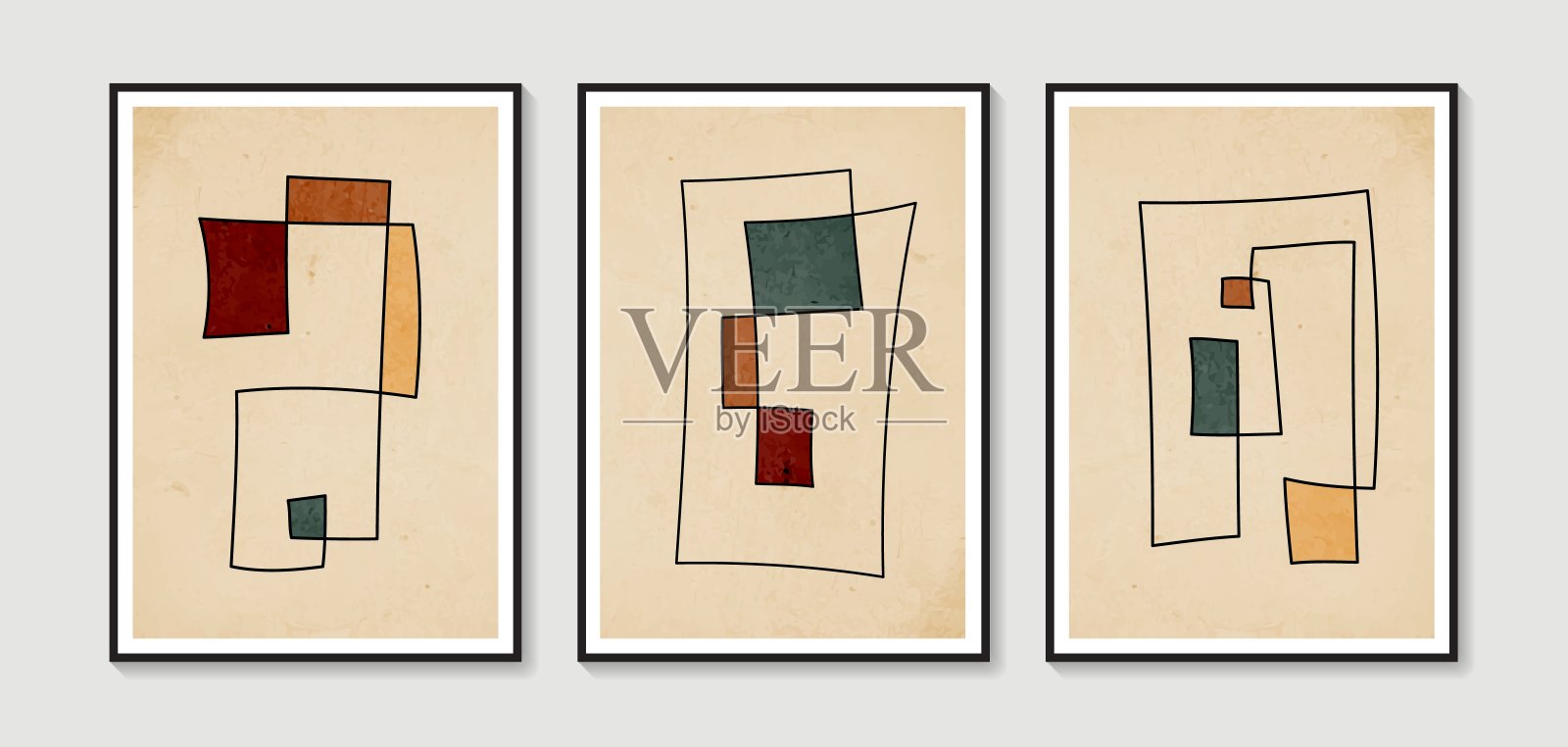 收集矢量抽象墙壁艺术。波西米亚色有机造型。艺术设计海报，印刷，封面，壁纸，简约和自然的墙壁艺术。矢量插图与垃圾纹理。插画图片素材