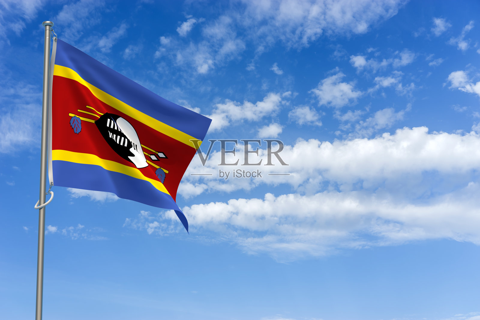 蓝色天空背景上的斯瓦蒂尼王国旗帜。3D插图照片摄影图片