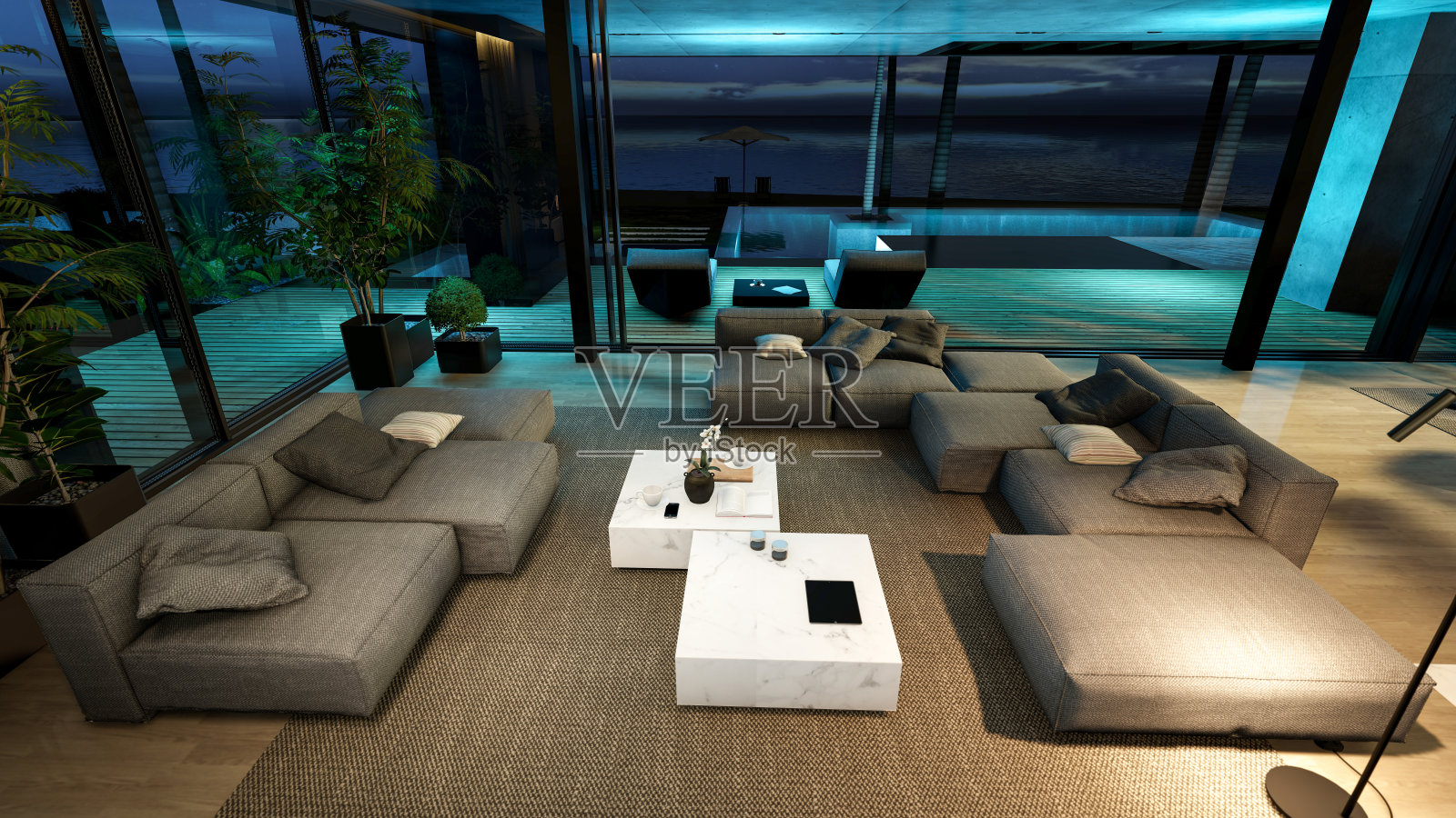 现代舒适的室内3d渲染，在夜间有客厅、餐厅、楼梯和厨房照片摄影图片