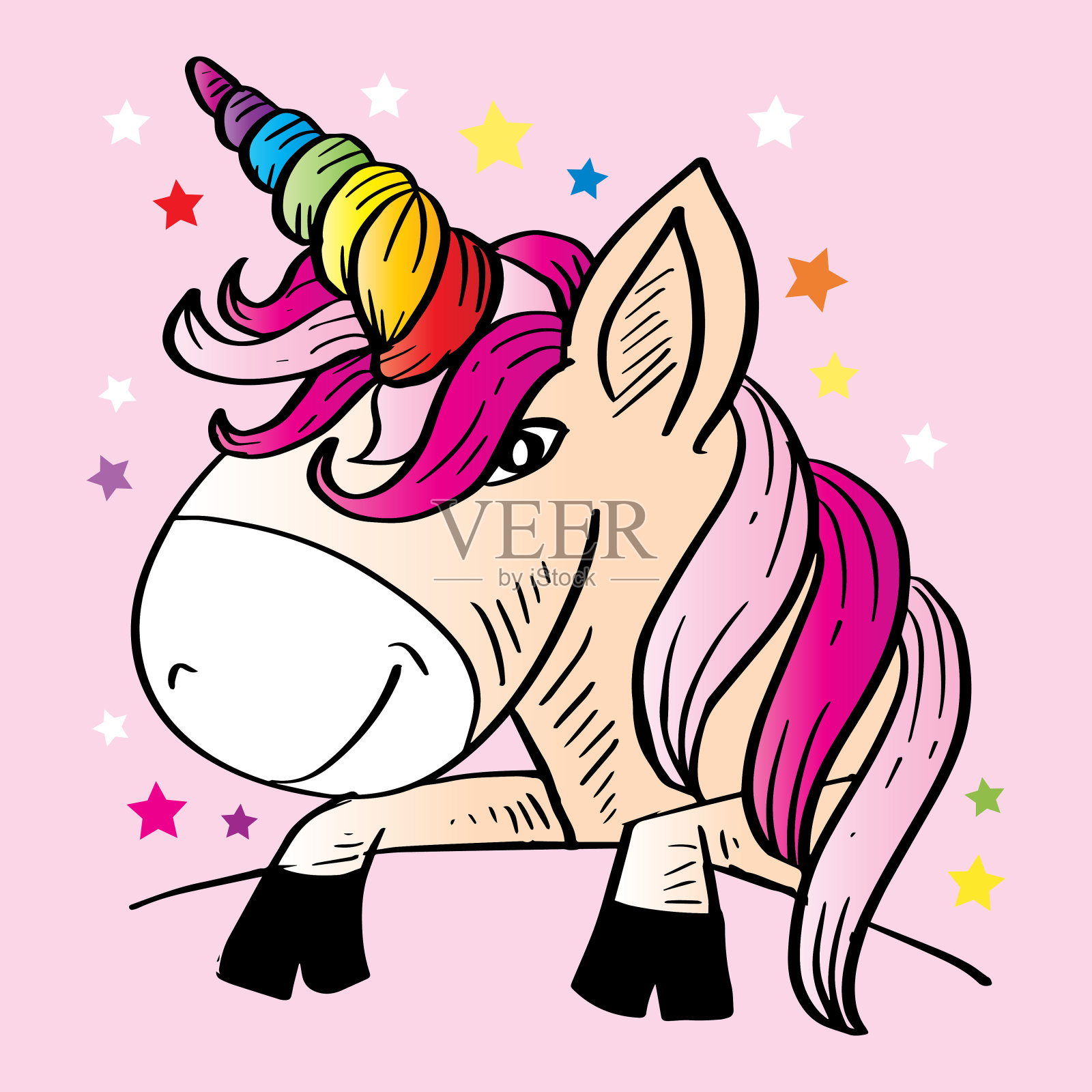 带花的卡通独角兽头。插画图片素材