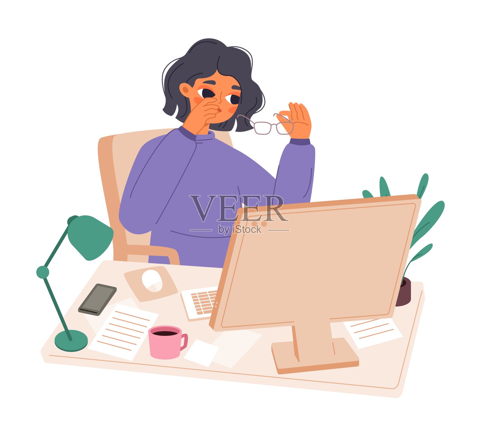 女人累眼睛，电脑烦眼睛。办公室经理，年轻女孩工作或学习。疲惫的学生，在家工作的疲劳，舒舒服服的矢量卡通人物插画图片素材