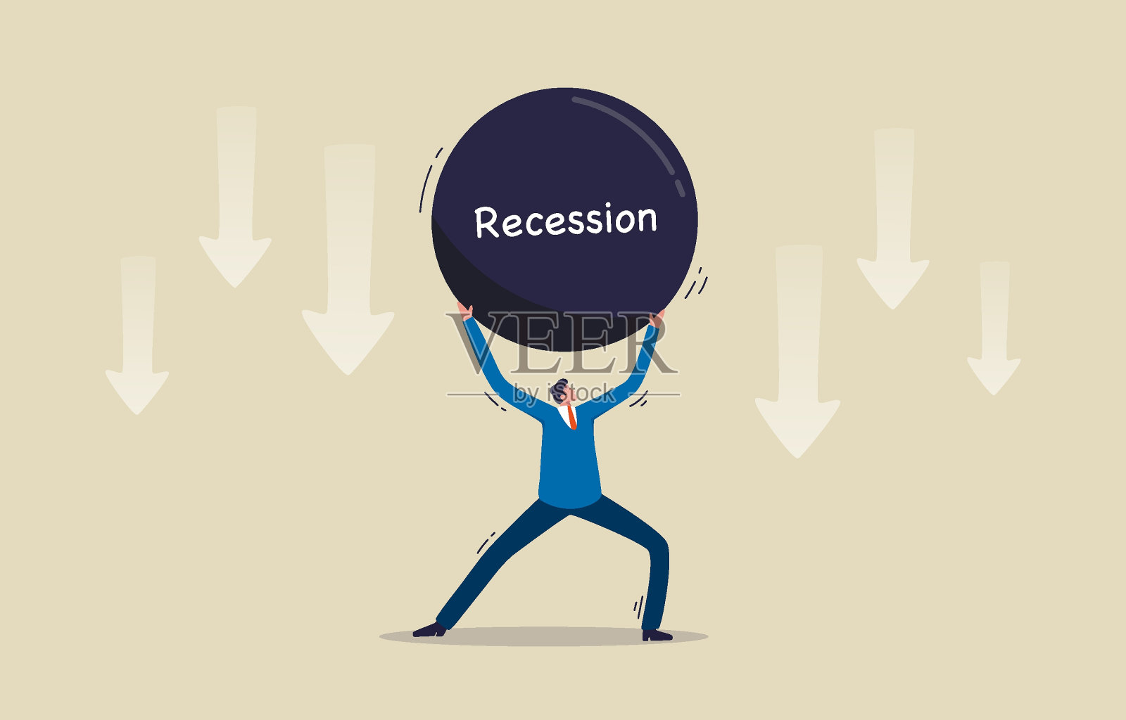 经济衰退。经济急剧、广泛和持续的衰退。股市崩盘的定义。商人带着铁球。插图插画图片素材