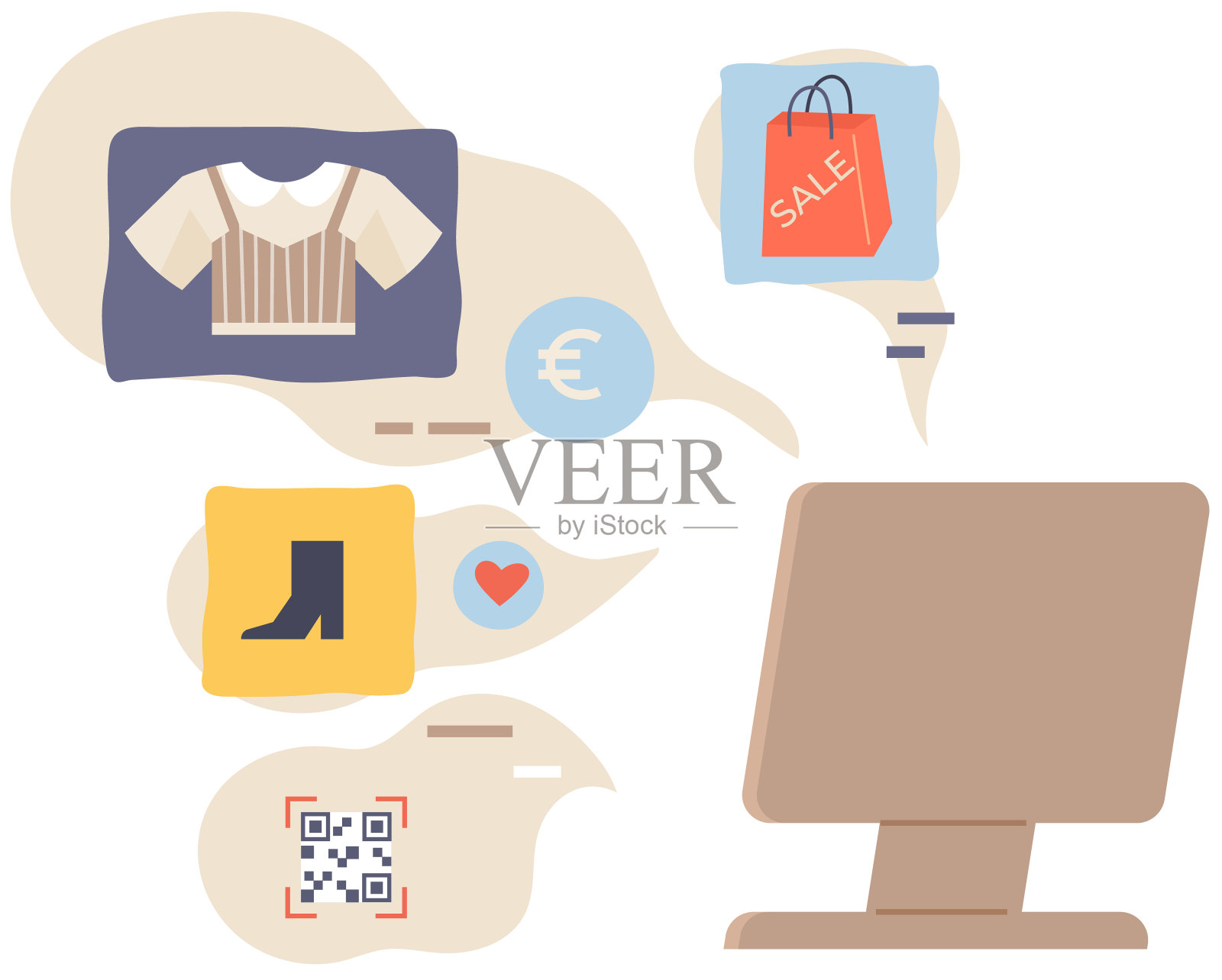 在网上商店购买商品的程序或网站。电脑和网上购物图标插画图片素材