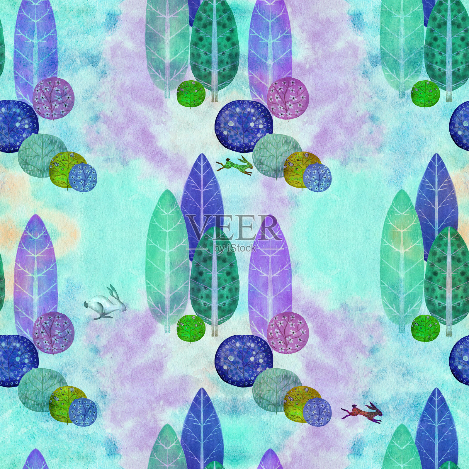 无缝模式。水彩风景。树，灌木和云-水彩图像。使用印刷材料，标志，物品，网站，地图，海报，传单，包装。插画图片素材