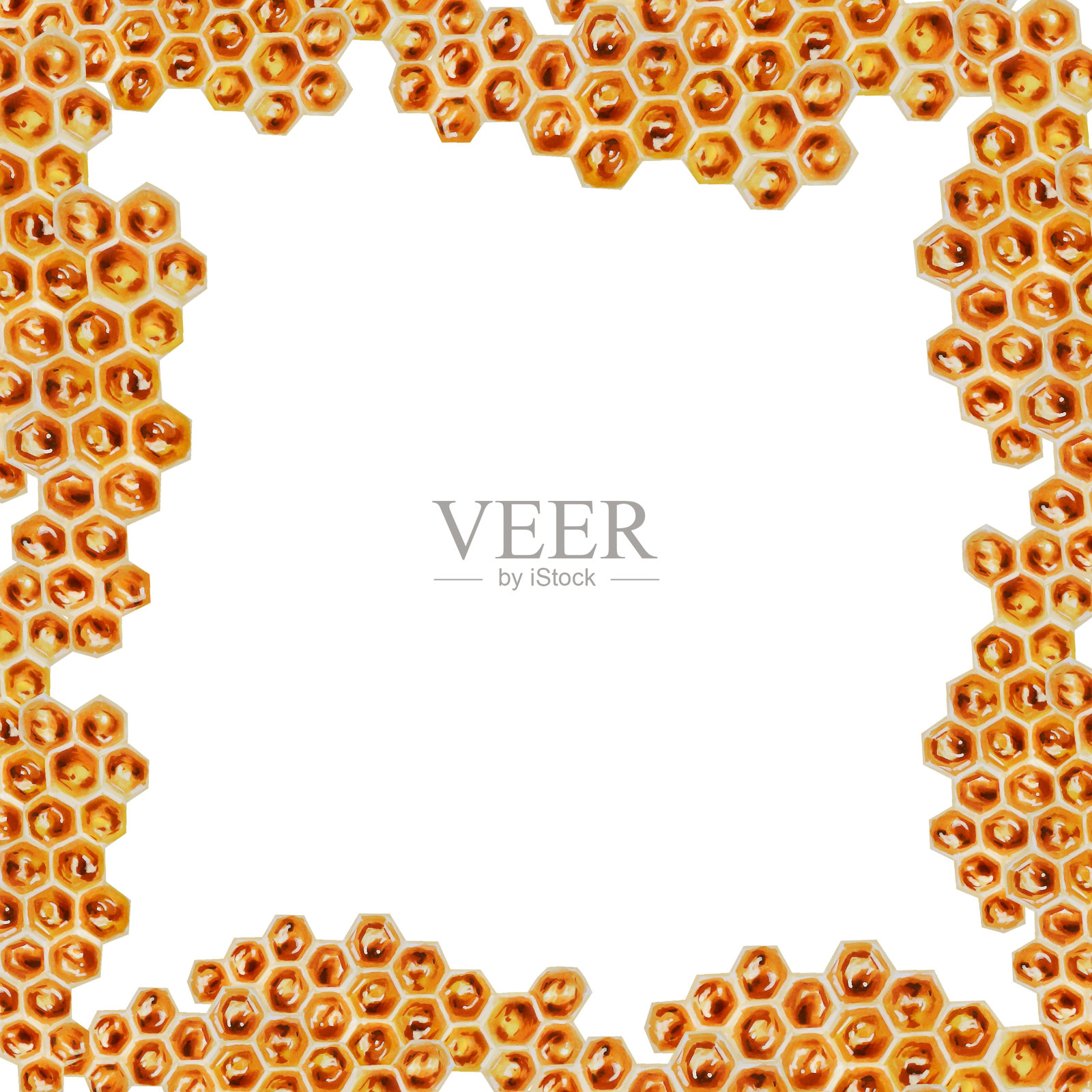 蜂窝水彩框架。手绘免疫力增强套装维生素白色背景隔离插图。插画图片素材