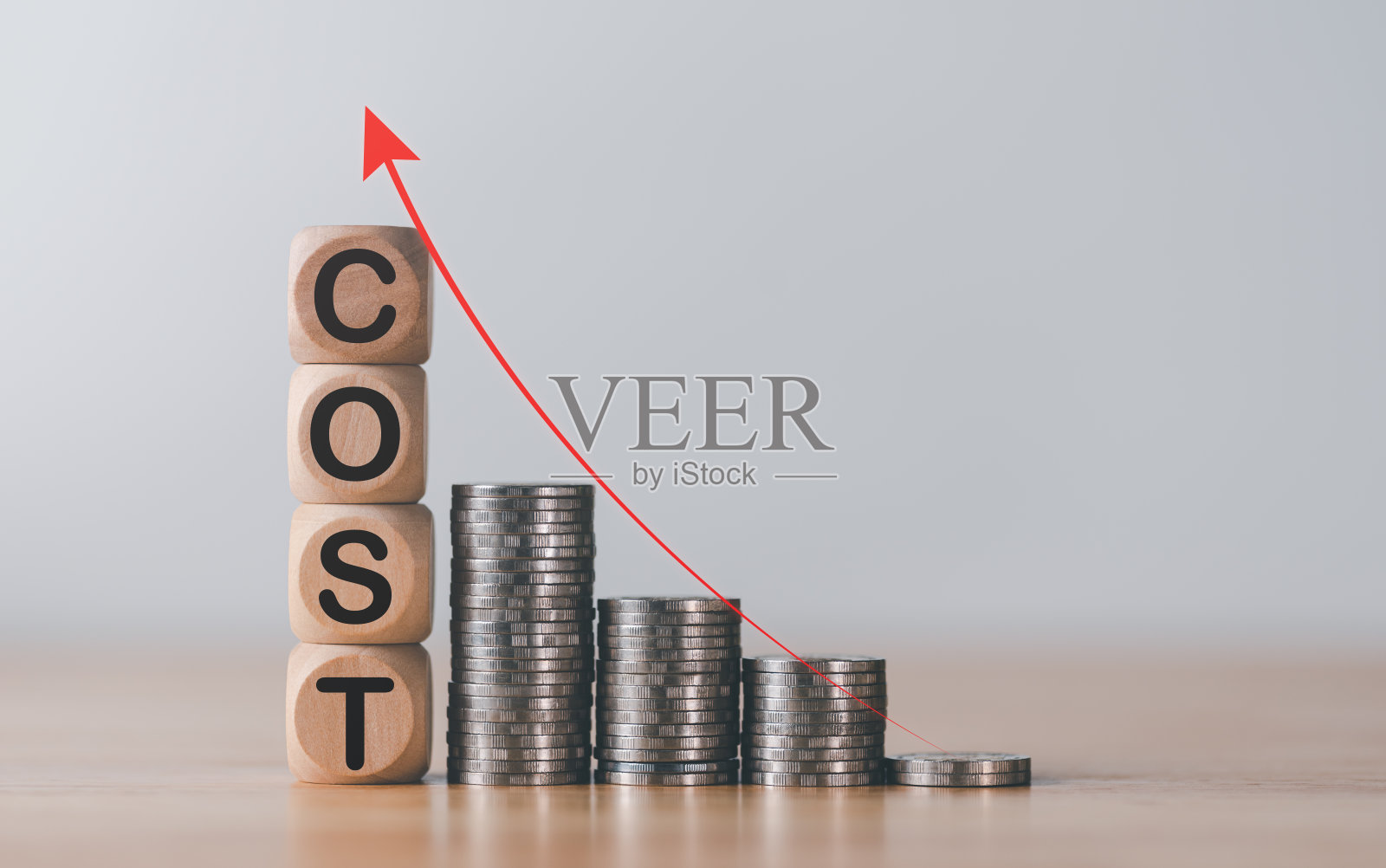 木块和成堆的硬币，持续上升的通货膨胀概念，影响全世界人民的金融危机，影响成本和产品价格的货币问题照片摄影图片