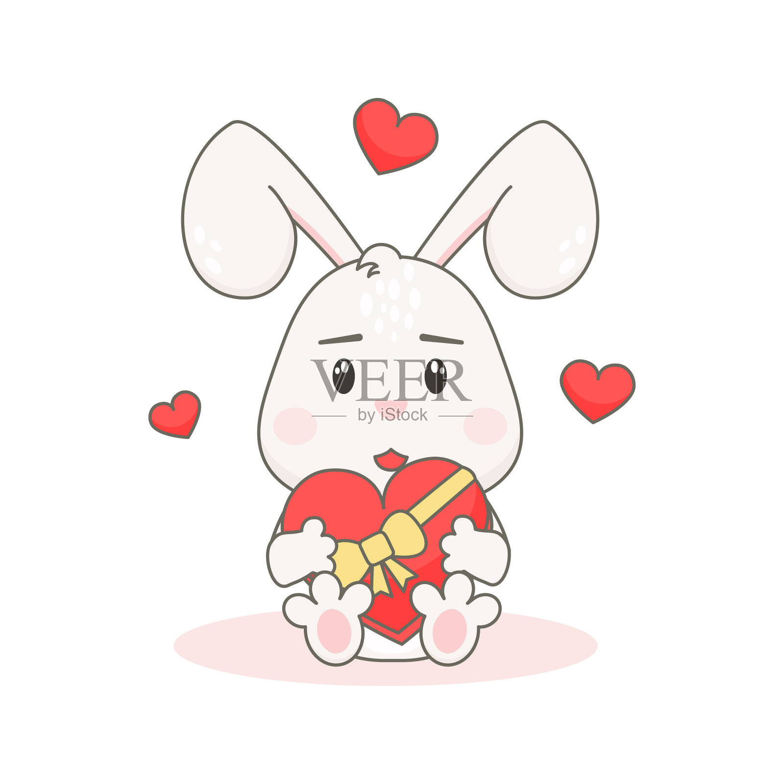 可爱的兔子与红心和礼品盒孤立的白色背景。插画图片素材
