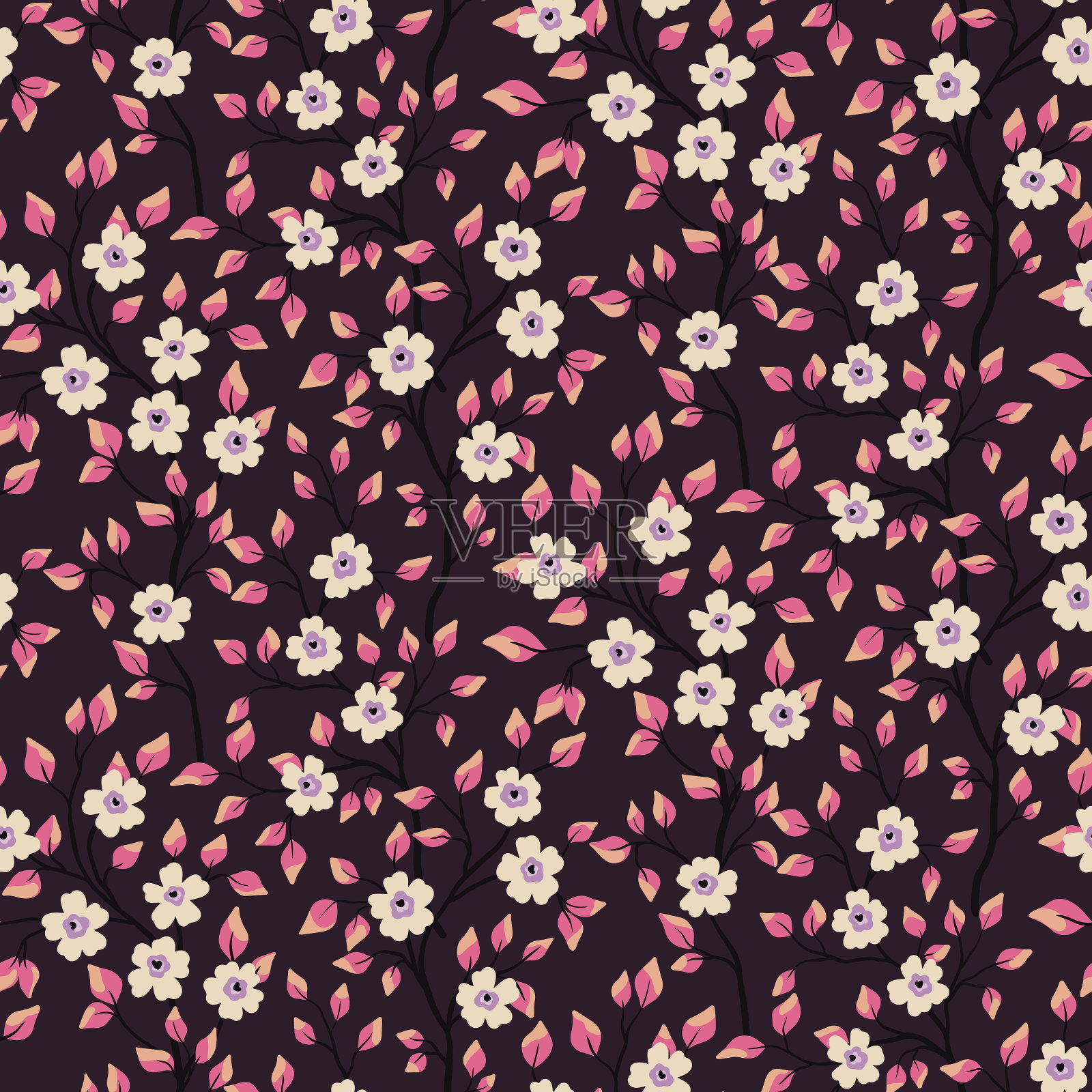 无缝花卉图案与紫色的复古花园:小花，叶子，树枝在黑暗的背景。矢量插图。插画图片素材