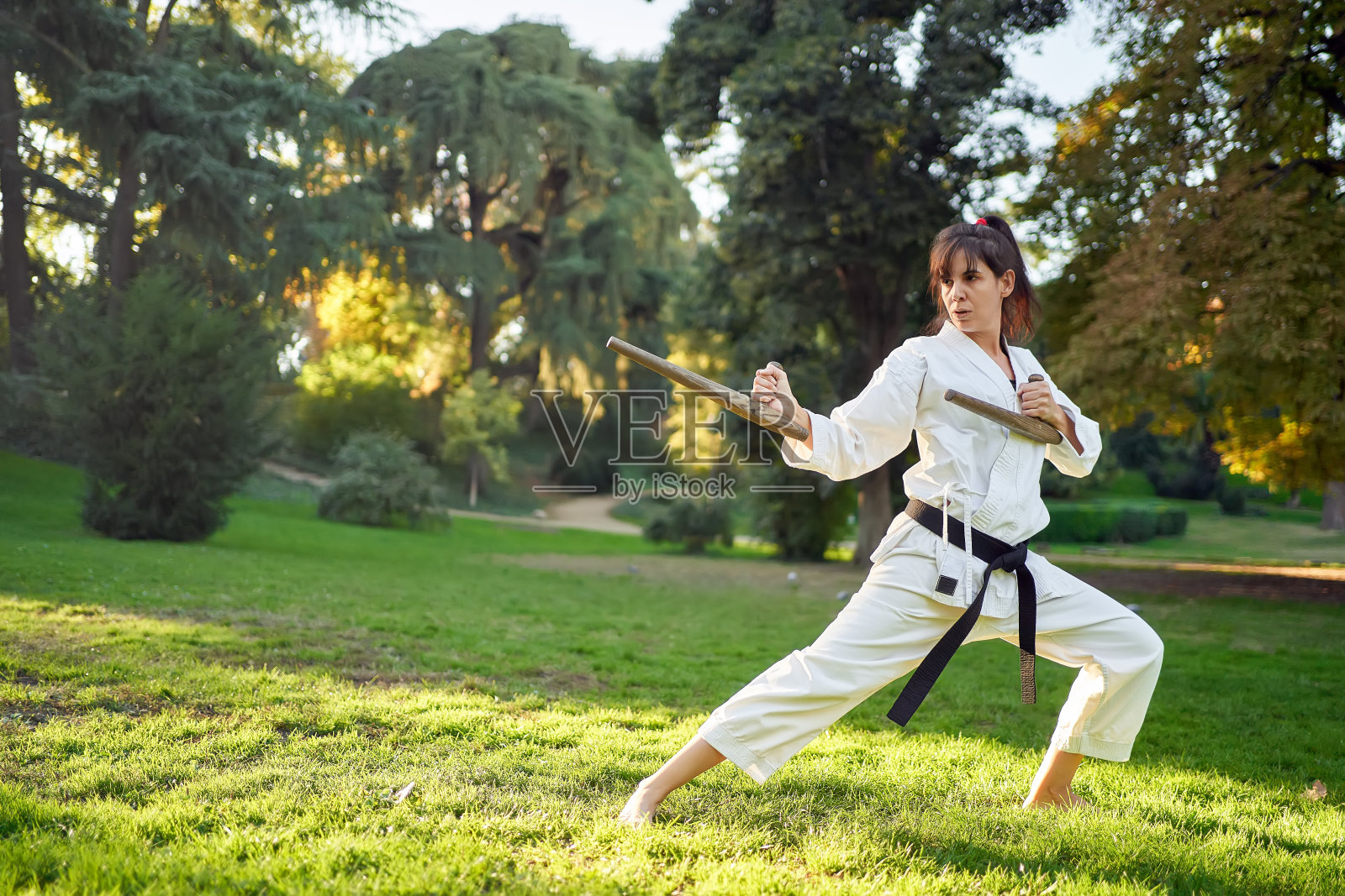 空手道女战士在白色和服和黑色腰带的战斗姿态在户外自然。照片摄影图片