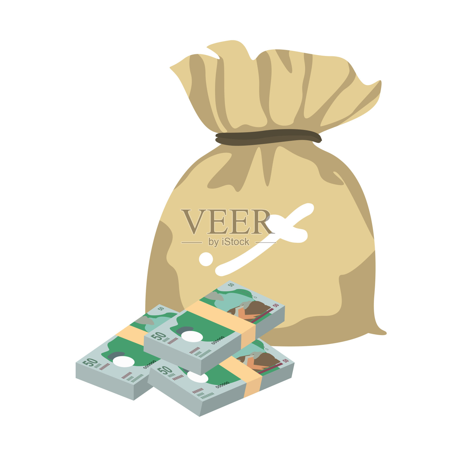 马尔代夫Rufiyaa矢量插图。马尔代夫货币套装捆绑钞票。钱袋50 MVR。平的风格。孤立在白色背景上。简单的最小设计。插画图片素材