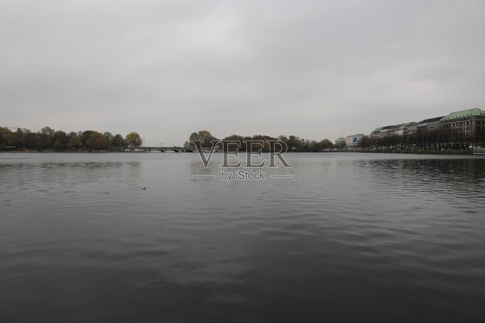 在雨天可以看到汉堡的阿尔斯特剧院照片摄影图片