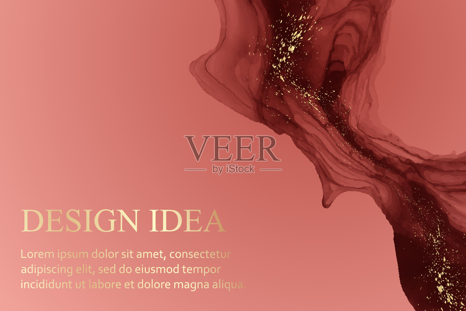 水彩背景与抽象的红墨水波和金色飞溅。插画图片素材