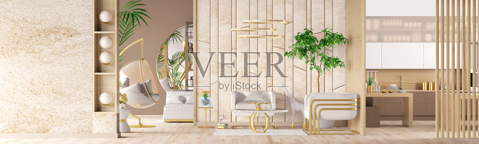 现代室内设计，白色扶手椅，沙发，咖啡桌照片摄影图片