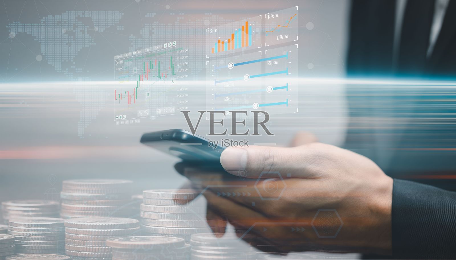 商人手持平板电脑，上面有外汇交易图表-股市报告，货币兑换概念照片摄影图片